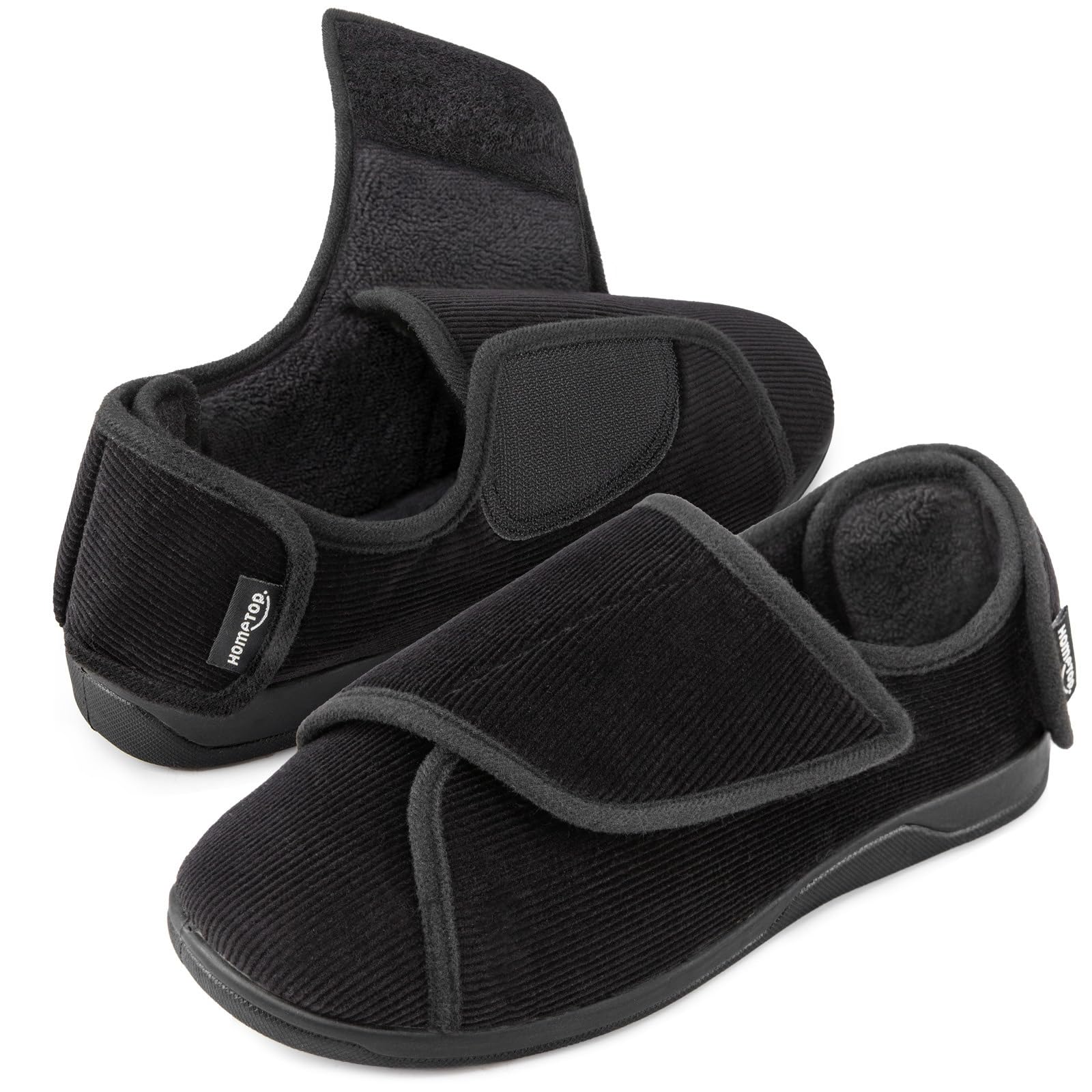 HomeTop Men's Corduroy Slippers Comfy Adjustable Hook and Loop Memory Foam Wide Indoor House Shoes for Diabetic Swollen Feet