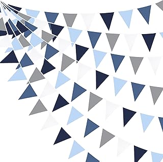 32Ft Deep Blue Party Decorations Royal Triangle Flag Pennant Bunting Fabric Garland for Wedding Birthday Ahoy Achor Nautical Pirate Bridal Baby Shower Under The Sea Party Festivals Decoration