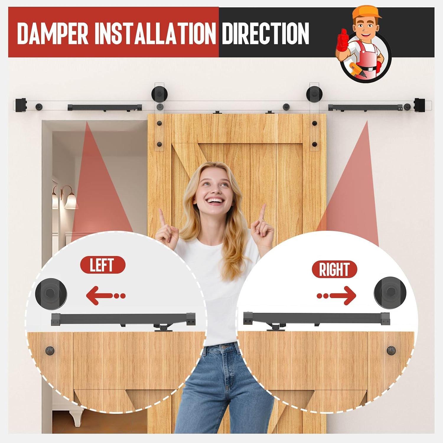 Barn Door Hardware Kit – Soft Close No-Drill (2PCS) | Hydraulic damper for 88-132 lb doors; anti-slam, silent close; protects fingers/pets; fits bedroom, bathroom, closet, pantry