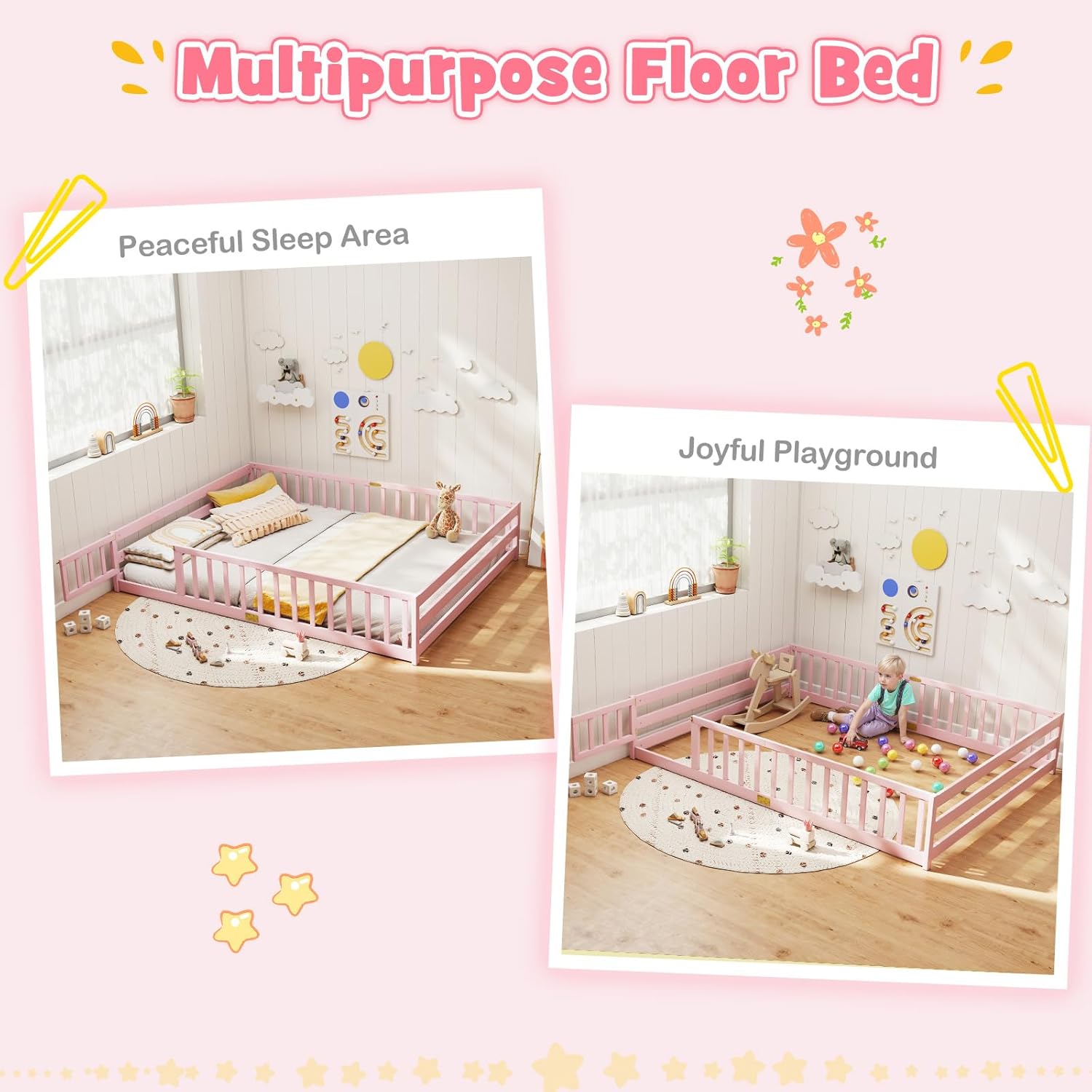 Montessori Floor Bed Queen, Wood Kids Bed Frame with Fence and Door, Queen Size Low Platform with Safety Guardrails, Cute Playhouse Without Slats, for Kids, Girls and Boys (Pink)