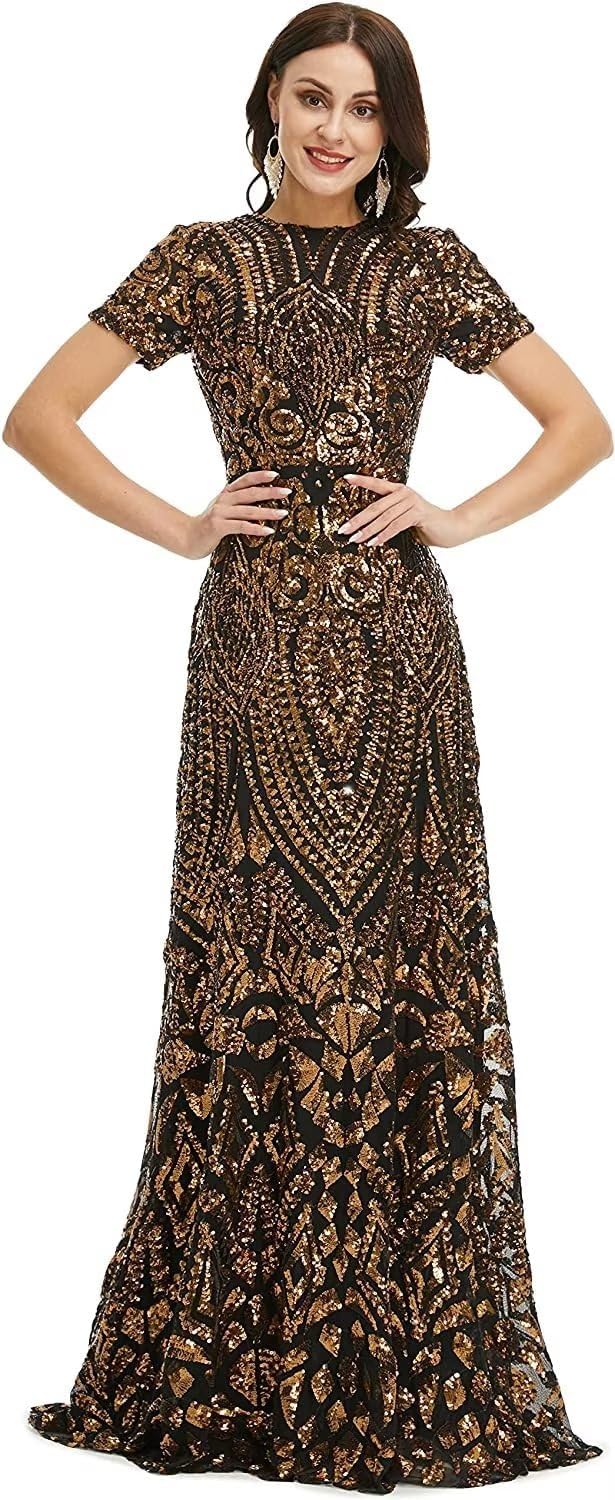 Women's Sparkly Sequins Long Prom Dress Short Sleever A Line Ball Formal Evening Party Prom Gowns - Image 2
