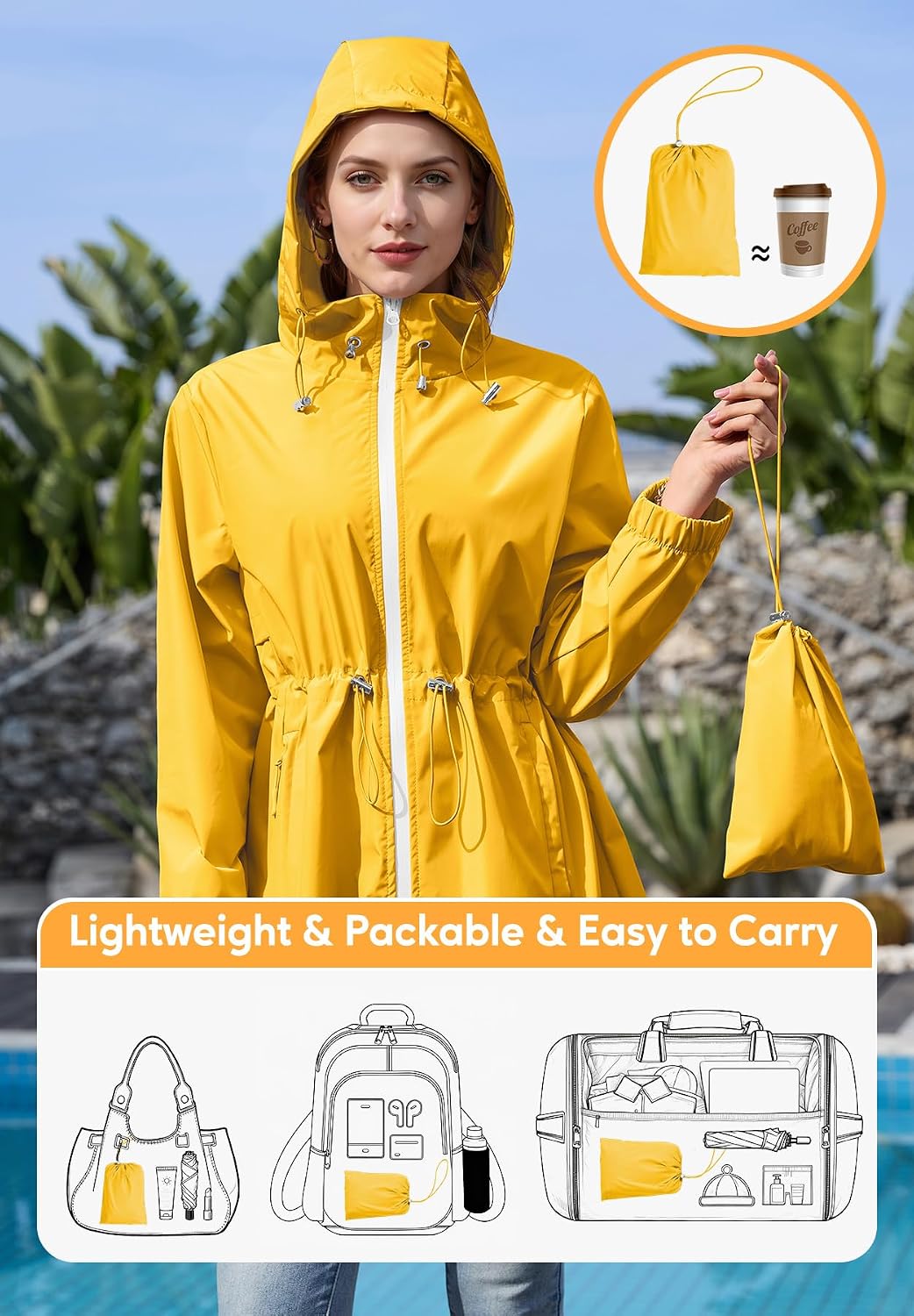 Zando Yellow Raincoat for Women - Lightweight Yellow Rain Jacket Women Waterproof Womens Plus Size Rain Jacket with Hood Outdoor Windbreaker Jackets Packable Travel Raincoats for Hiking Halloween 2XL