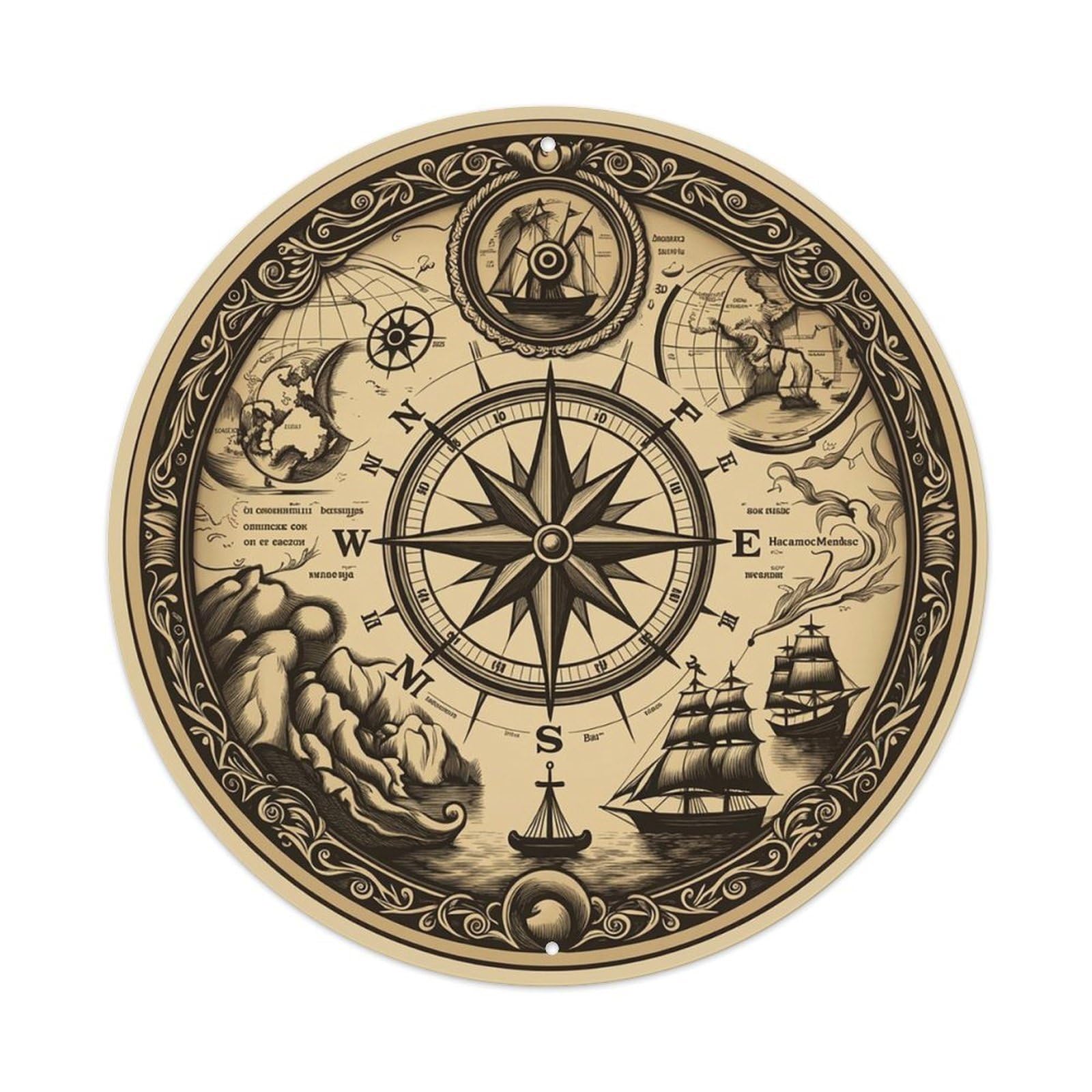 Vintage Nautical Compass World Map Wander Chronicle Metal Tin Sign