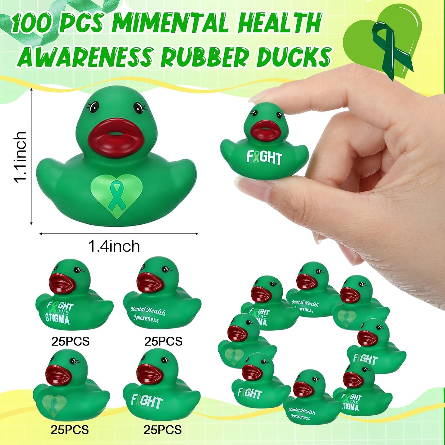 MiniInflat 100 Pcs Mental Health Awareness Rubber Ducks Assorted Mini Green Ribbon Rubber Ducks Bulk Mental Wellness Support Ducky Toys for Charity, Office Wellness Events