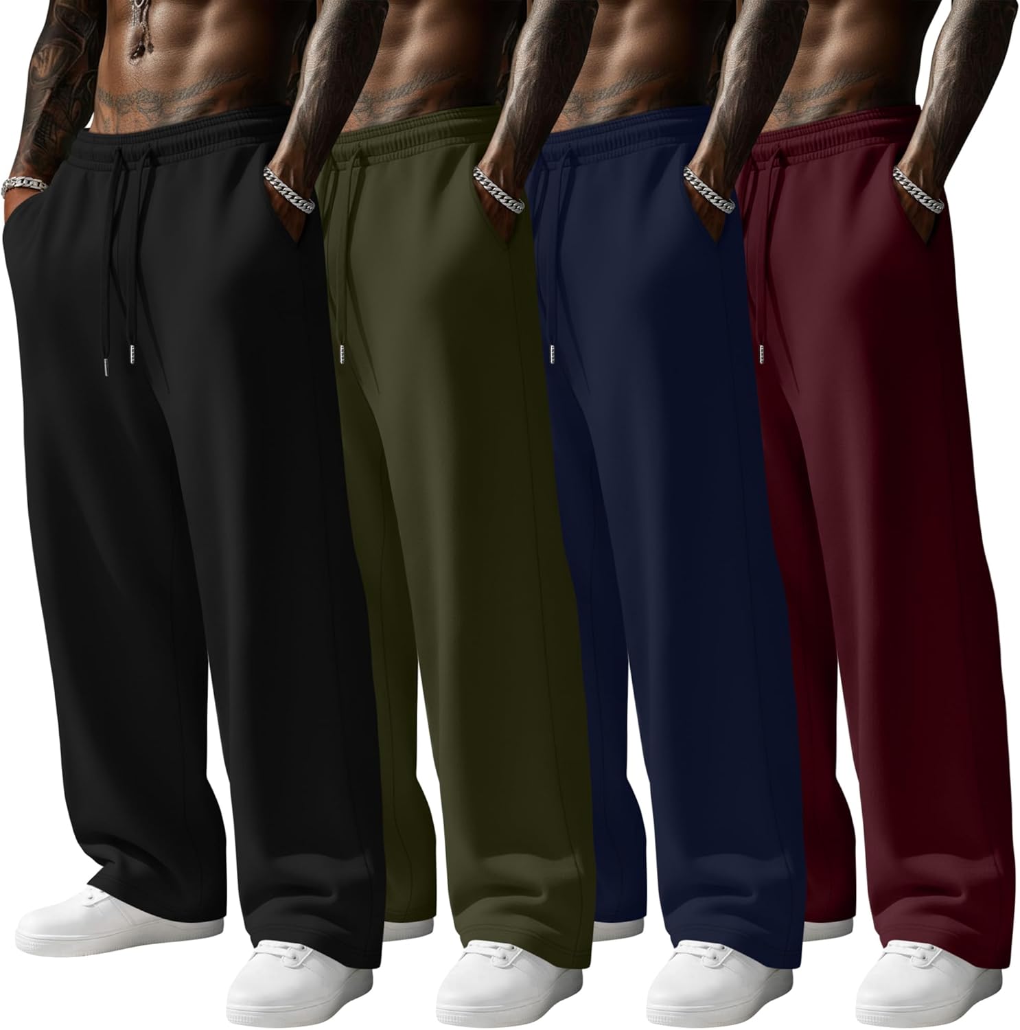 4 Pack Men's Sweatpants Wide Leg Open Bottom Baggy Drawstring Joggers Athletic Lounge Pants with Pockets