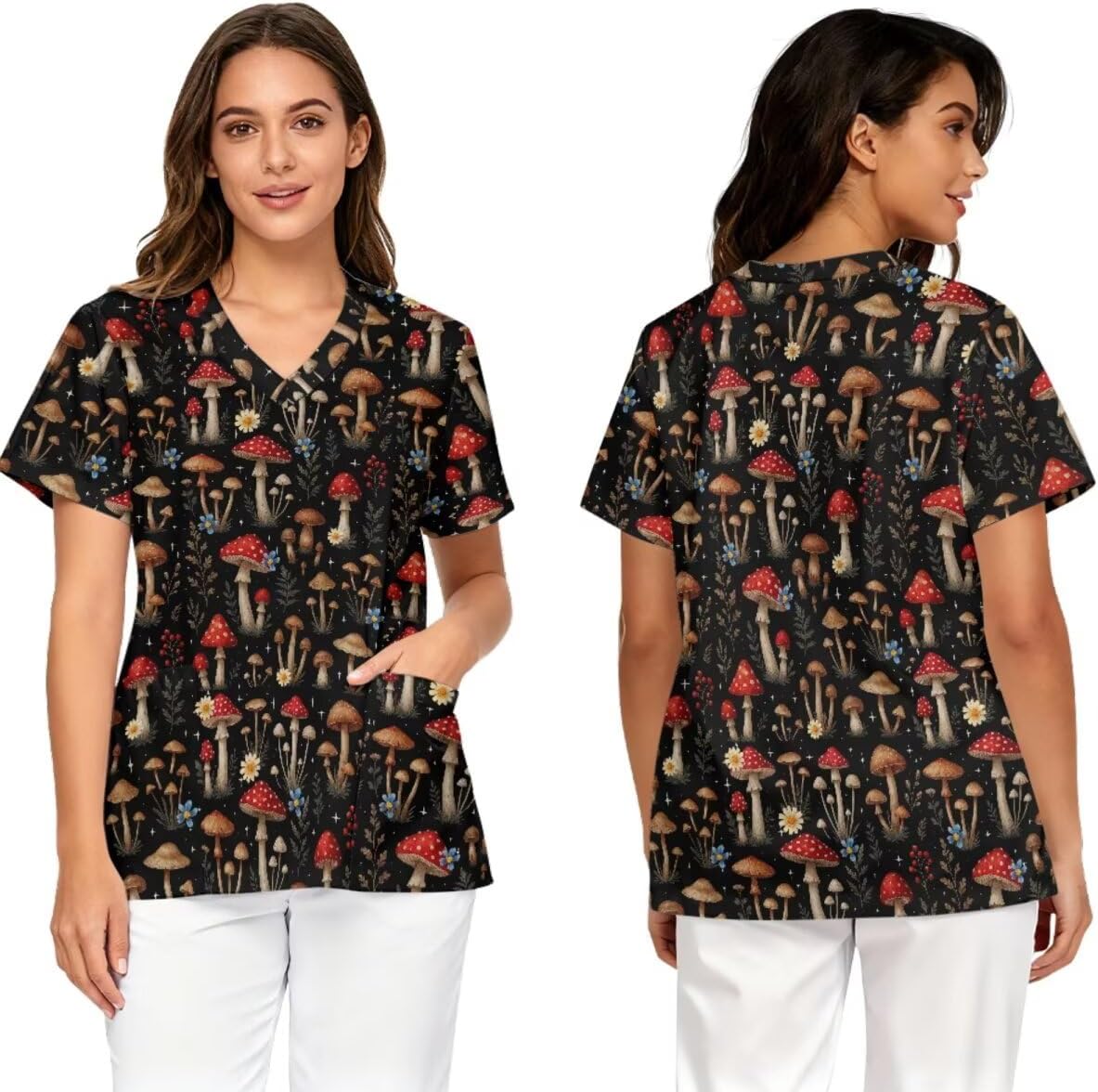 3Pcs Women's Scrubs Set with Scrub Pants Caps Cute Printed V Neck Tops Soft Casual Nurse Uniform With Pocket