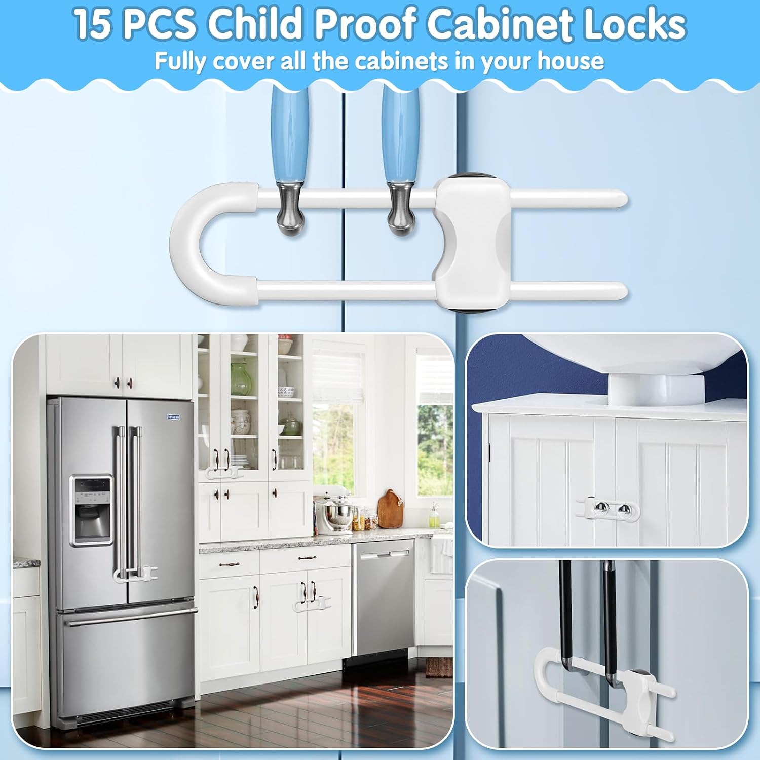 Modacraft 15 Pcs Sliding Cabinet Latches, U Shaped Cabinet Door Locks, Baby Cabinet Safety Latches for Baby Proofing, No Drilling Tool-Free Installation Easy to Use for Knobs or Handle Double Door