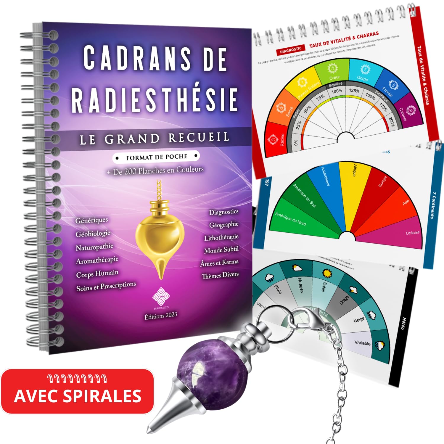 Cadrans de Radiesthesie - Coffret Le Grand Recueil Format "De Poche" et Pendule Divinatoire en Amethyste - Plus de 200 Planches de Radiesthesie Uniques et en Couleurs (Format A5 - 14,8 cm x 21 cm)