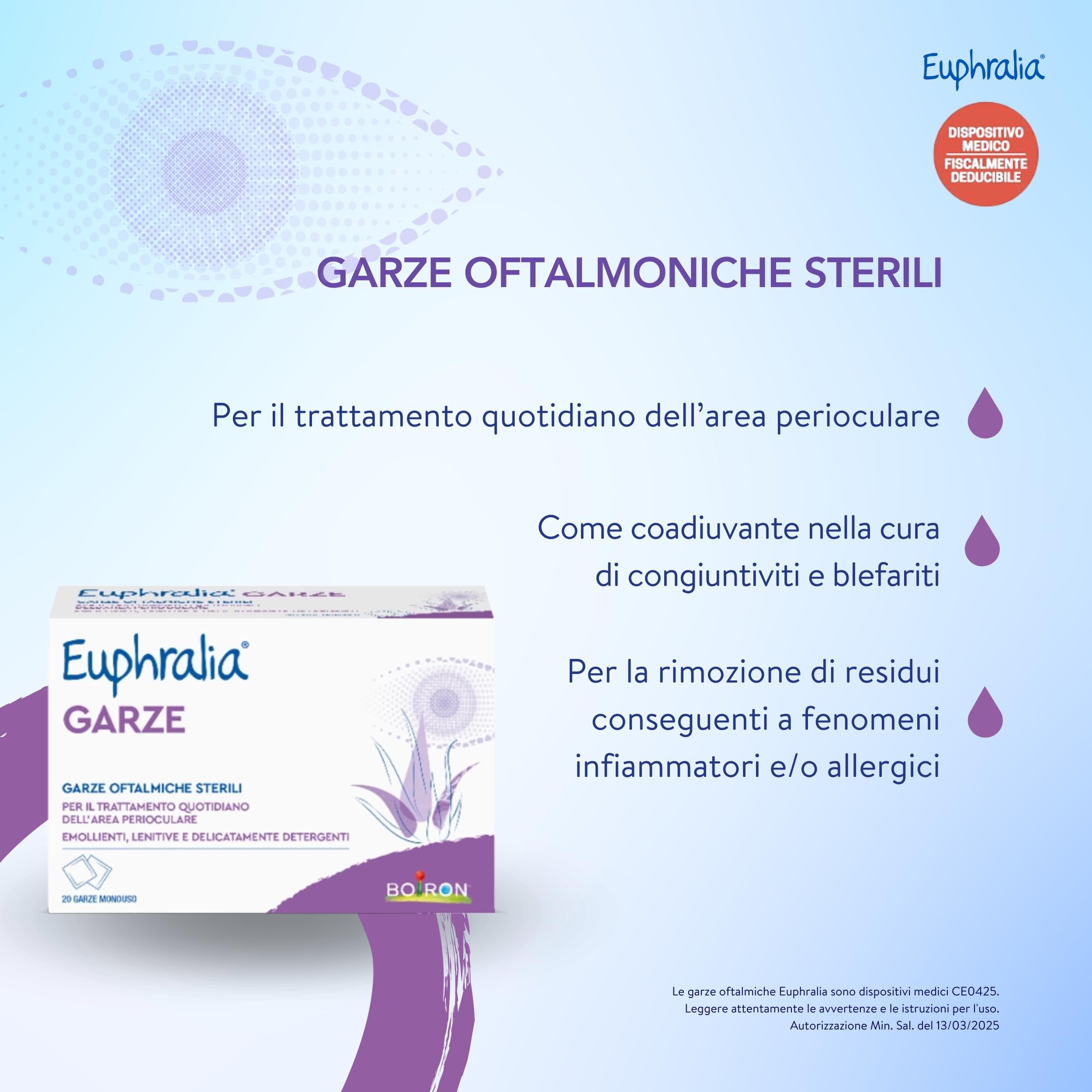 Euphralia Garze - Garze Oftalmiche Sterili, Monouso, Pulizia Occhi Infiammati e Allergici, Azione Detergente, Idratante e Lenitiva, con Acido laluronico e Aloe Vera - 2 Confezioni da 20 (2x20)