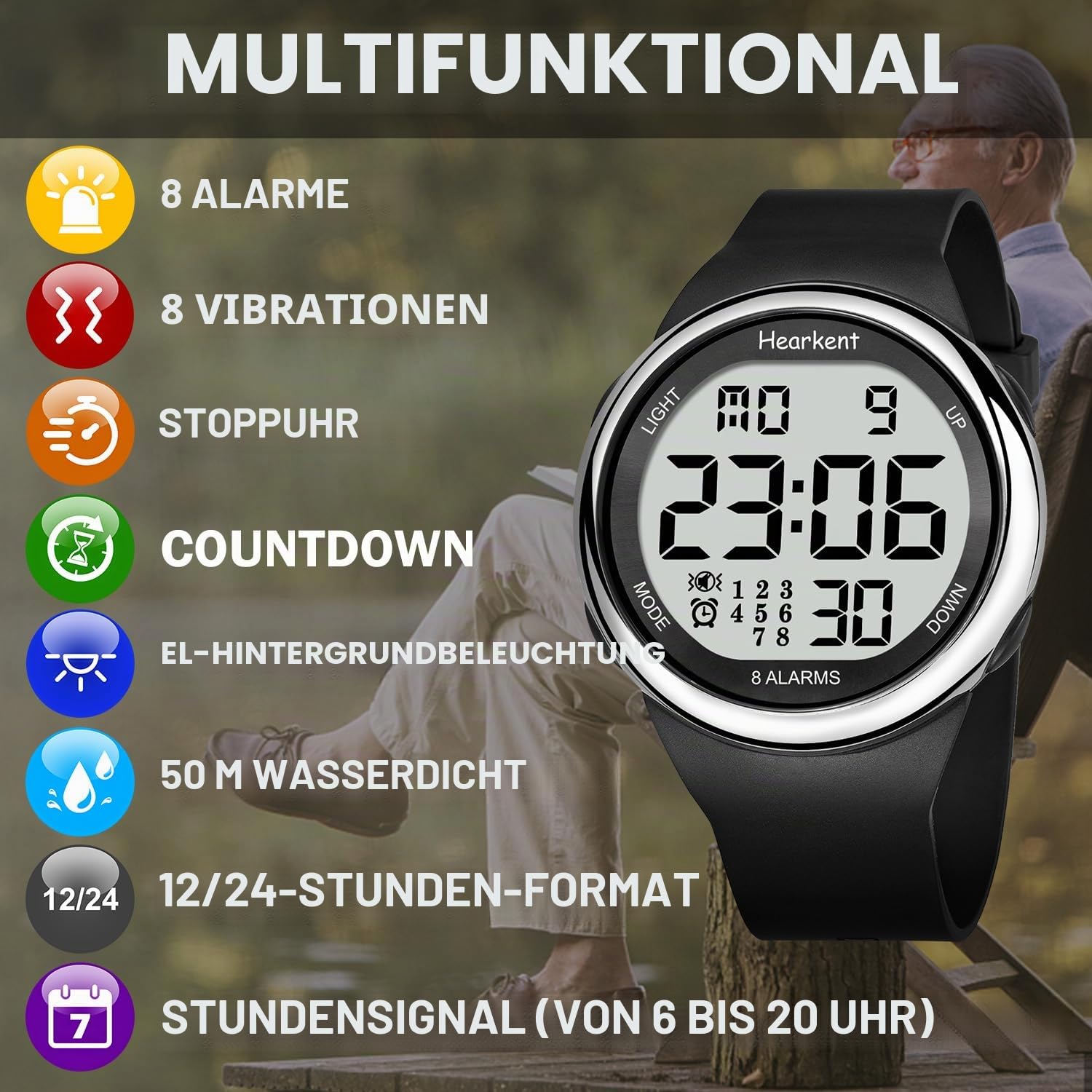 Hearkent Wasserdichte Uhr mit 8 Vibrationsalarmen, Medizin, Pillen-Erinnerung, Uhr für ältere Menschen, Senioren, LCD-Anzeige, große Zahlen mit Hintergrundbeleuchtung