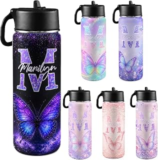 Personalized Kids Water Bottle, 18oz Insulated Stainless Steel | Custom Name & Color, Cute Butterfly, Glitter, Pastel, Rainbow & Candy-Inspired Girls Water Bottle for Sports & Everyday Use