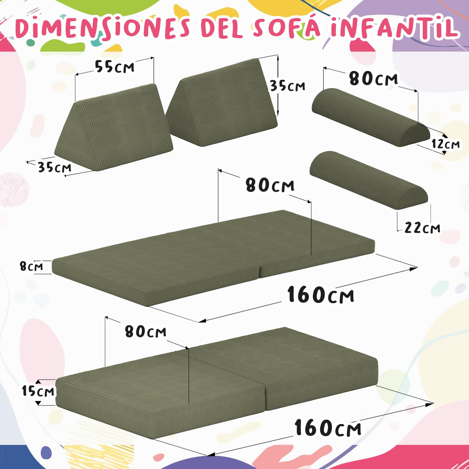 POKAR Colchón Plegable para Sofá Modular Niños | Colchón 160x80x8 cm en Espuma con Funda de Pana Suave | Accesorio Compatible con Sofá para Niños Infantil | Certificado Öko-Tex | Caramelo Cálido
