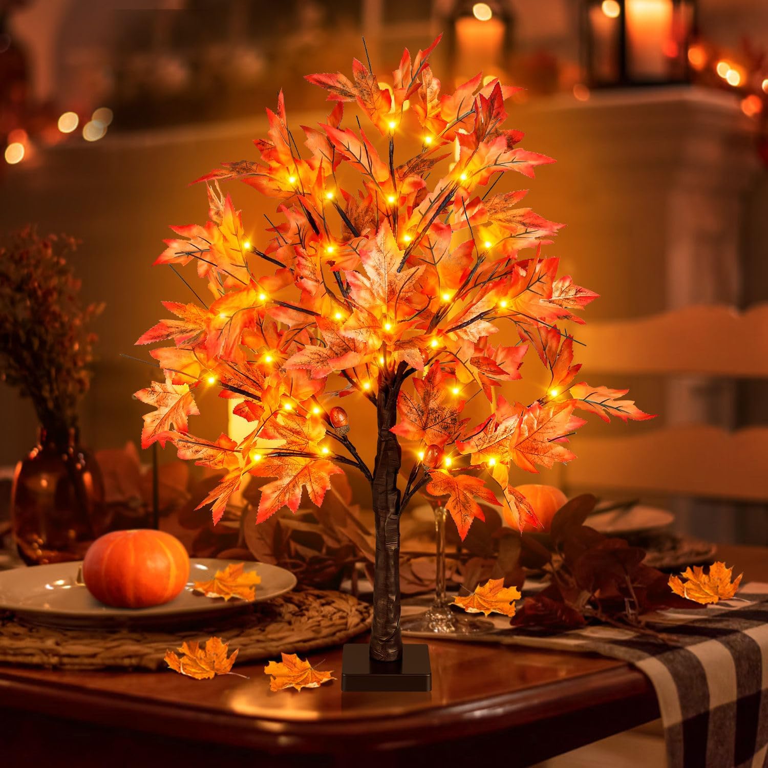 24 Inch Lighted Maple Tree with 36 Lights, 72 Leaves, 6 Acorn, Timer Battery Operated Tabletop Artificial Fall Tree for Thanksgiving Harvest Home Decor, Fall Table Centerpiece Decorations