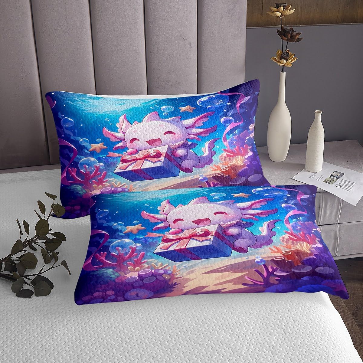 Cartoon Salamander Bedding Set Queen Size,Underwater Animals Bedspread Colorful Coral Comforter Set for Kids Girls Boys Teens Room Decor,Cute Pink Axolotl Quilt Coverlet,2 Pillowcases