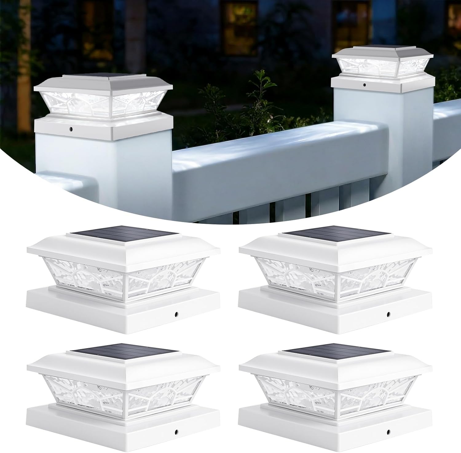 Brightever 4x4 3.5x3.5 Solar Post Cap Lights, 4-Pack Solar Powered Fence Post Light Outdoor Waterproof for Vinyl/Wooden Post, 2 Modes(Warm/Cool Light), Black Solar Deck Post Lights for Patio, Porch