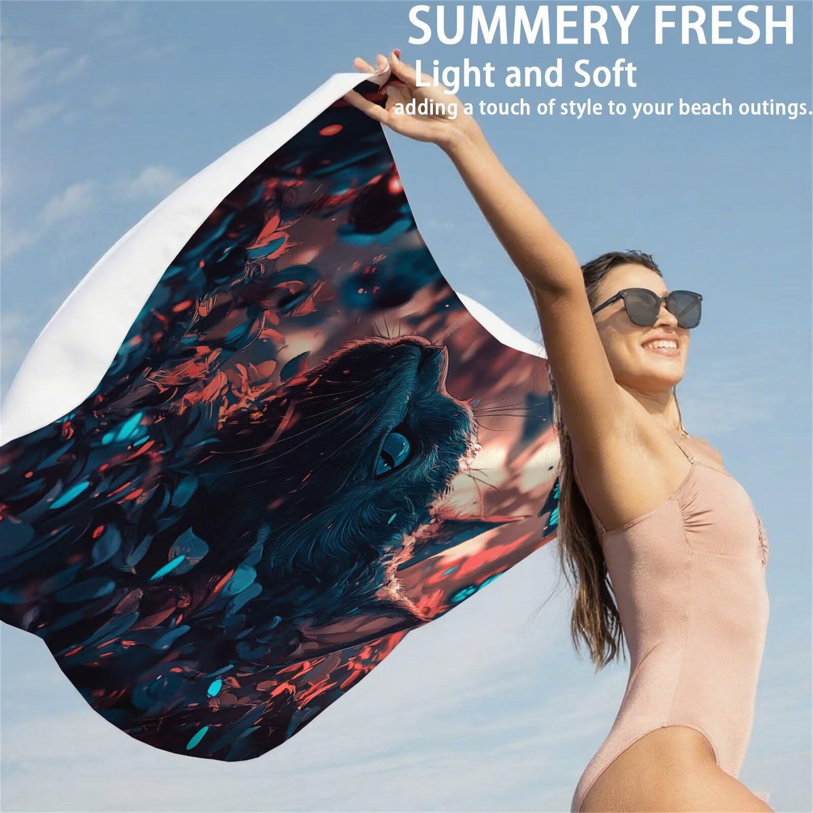 Ręcznik plażowy z mikrofibry 220 x 100 cm prześcieradło plażowe przeciw piaskowaniu kot ręcznik plażowy XXL kwiatowy ręcznik plażowy szybkoschnący, miękki i bardzo chłonny, szybkoschnący do podróży