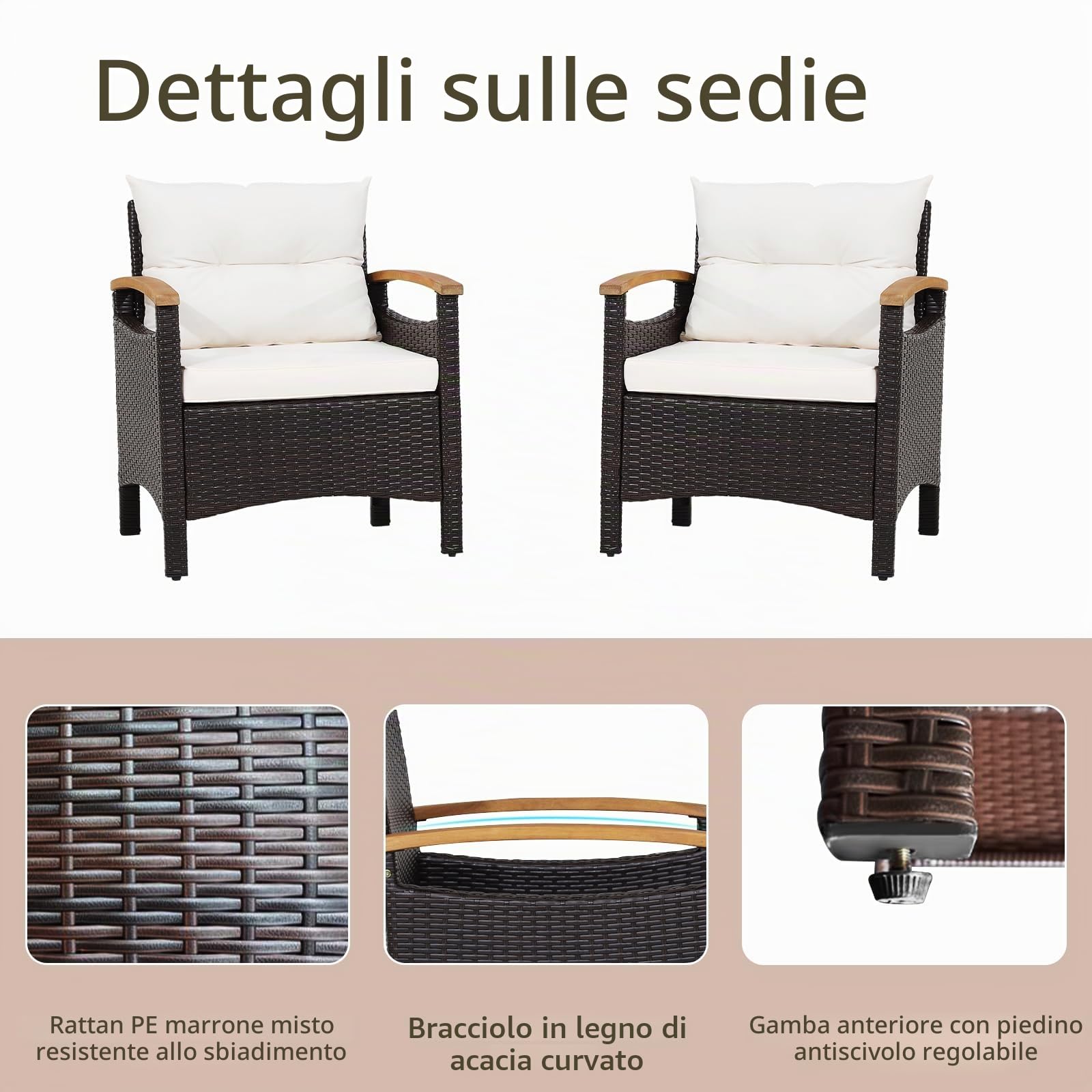 KOMFOTTEU Set di 3 mobili da giardino in rattan e legno di acacacia, mobili da balcone con 2 poltrone e 1 tavolino, per giardino, balcone, marrone e bianco