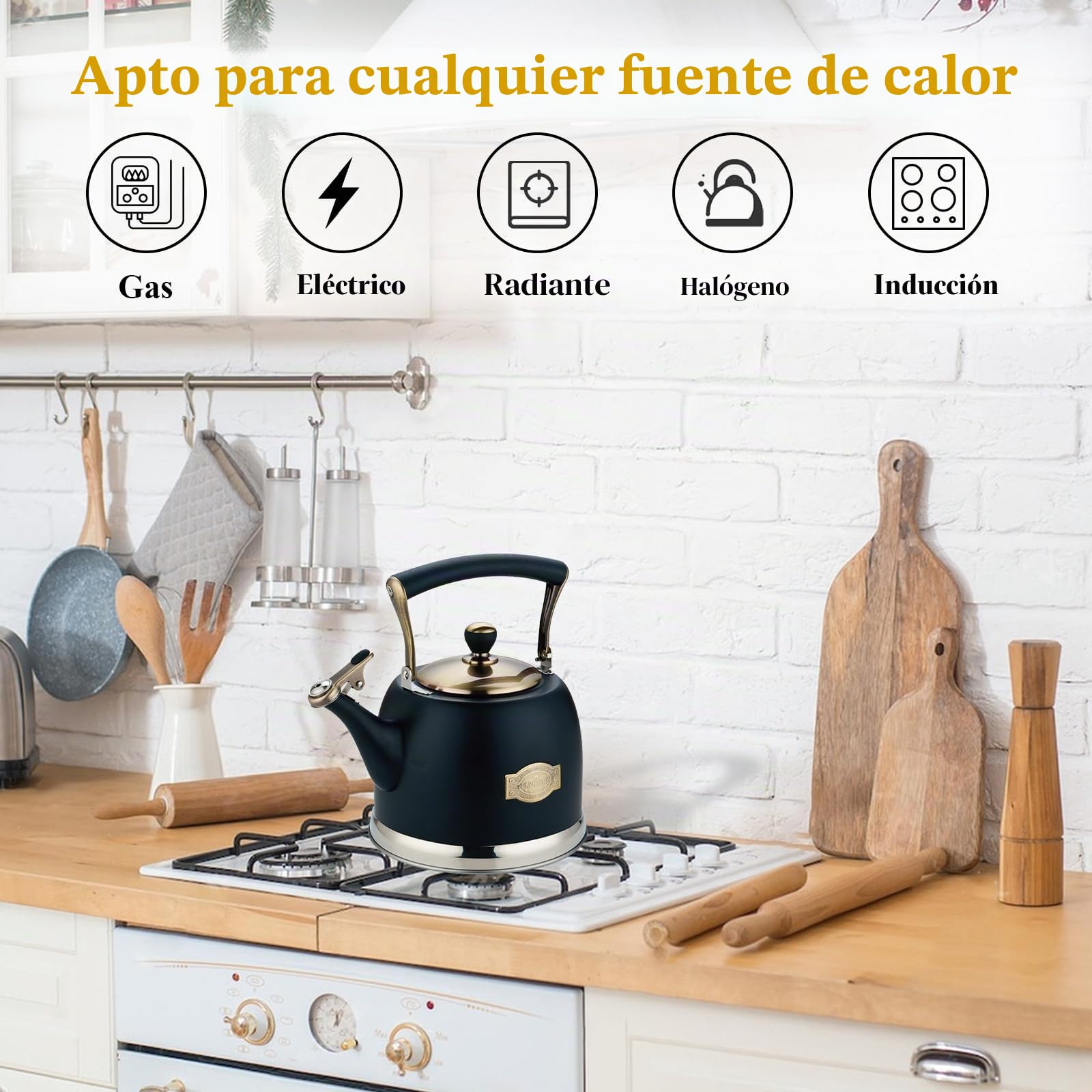 3L Hervidor de agua de acero inoxidable para camping, té en tetera con asa, placa de inducción y estufa de gas, cocina silbante