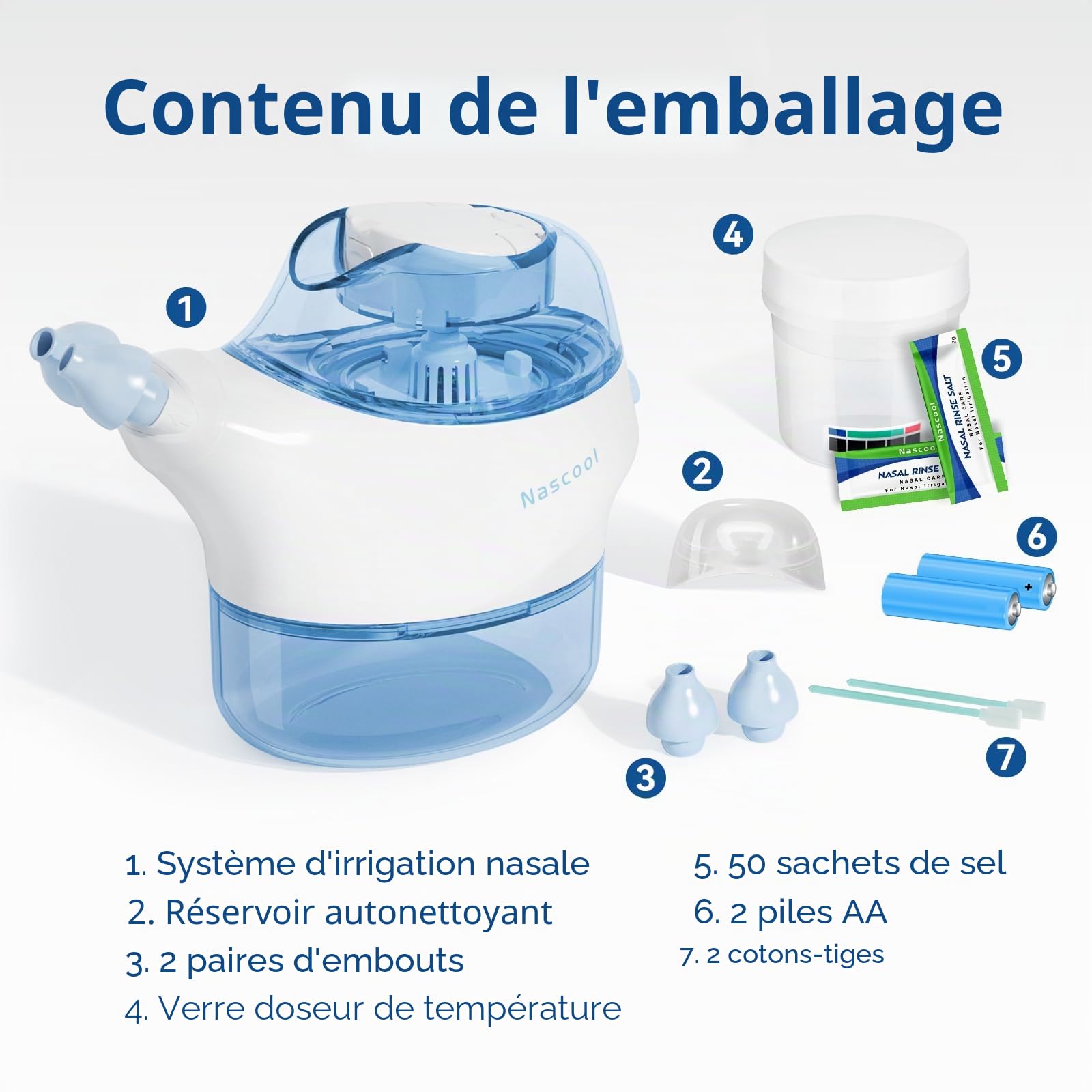 Nascool Système d'irrigation nasale, douche nasale, rinçage nasal pour adultes, pot de rinçage électrique nasaux avec 50 sachets de sel nasal, bleu