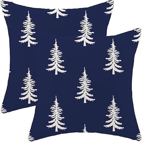 CXMEIFLY Juego de 2 fundas de almohada de Navidad de 18 x 18 pulgadas, color azul marino, blanco, decoración de árbol de Navidad, para invierno,