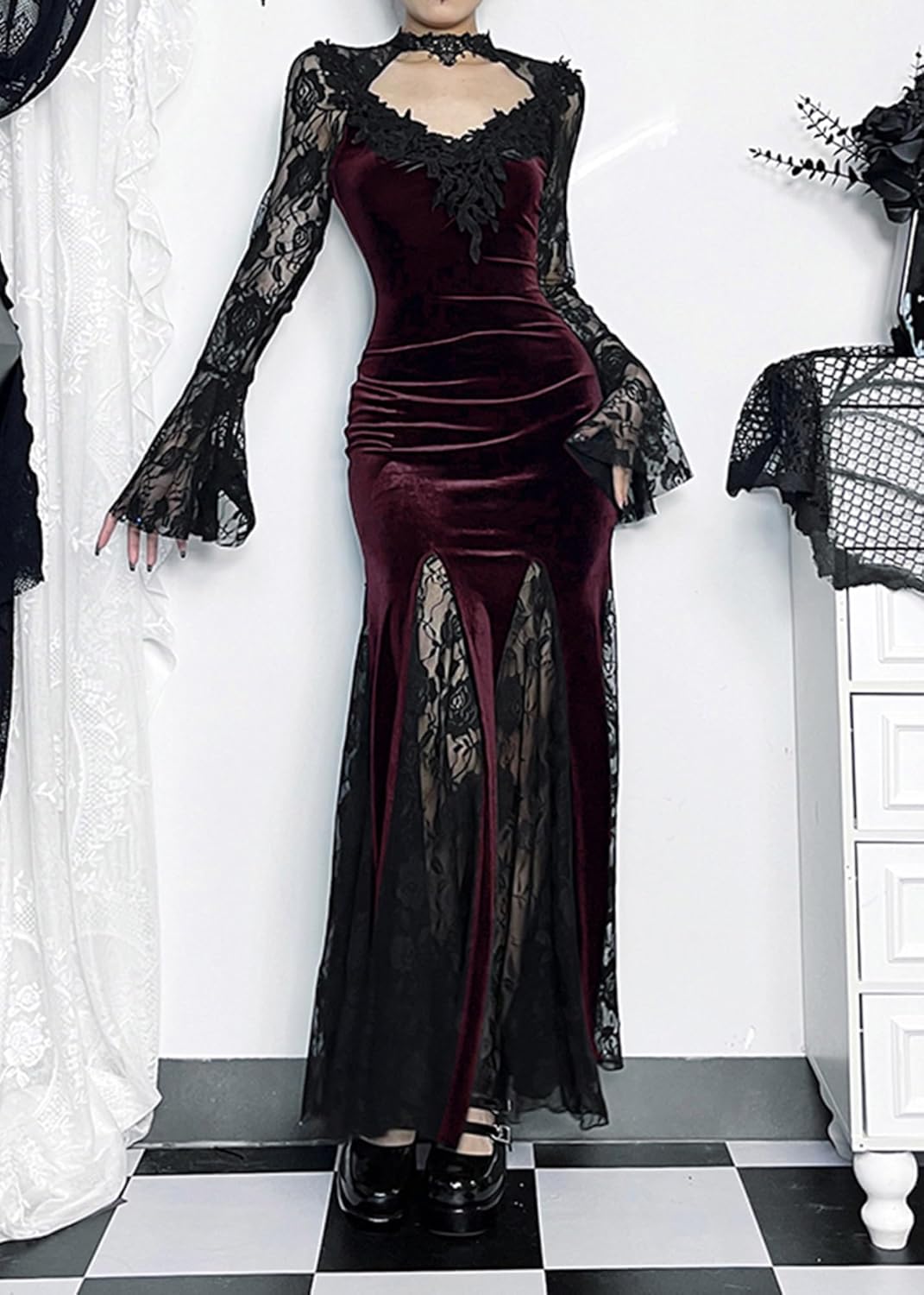 TSMNZMU レディース ゴシック フェアリーマキシドレス ヴィンテージ 長袖 ベルベットドレス Alt スリムフィット 原宿 ウィッチー 服 TSMNZMU レディース ゴシック フェアリーマキシドレス ヴィンテージ 長袖 ベルベットドレス Alt スリムフィット 原宿 ウ