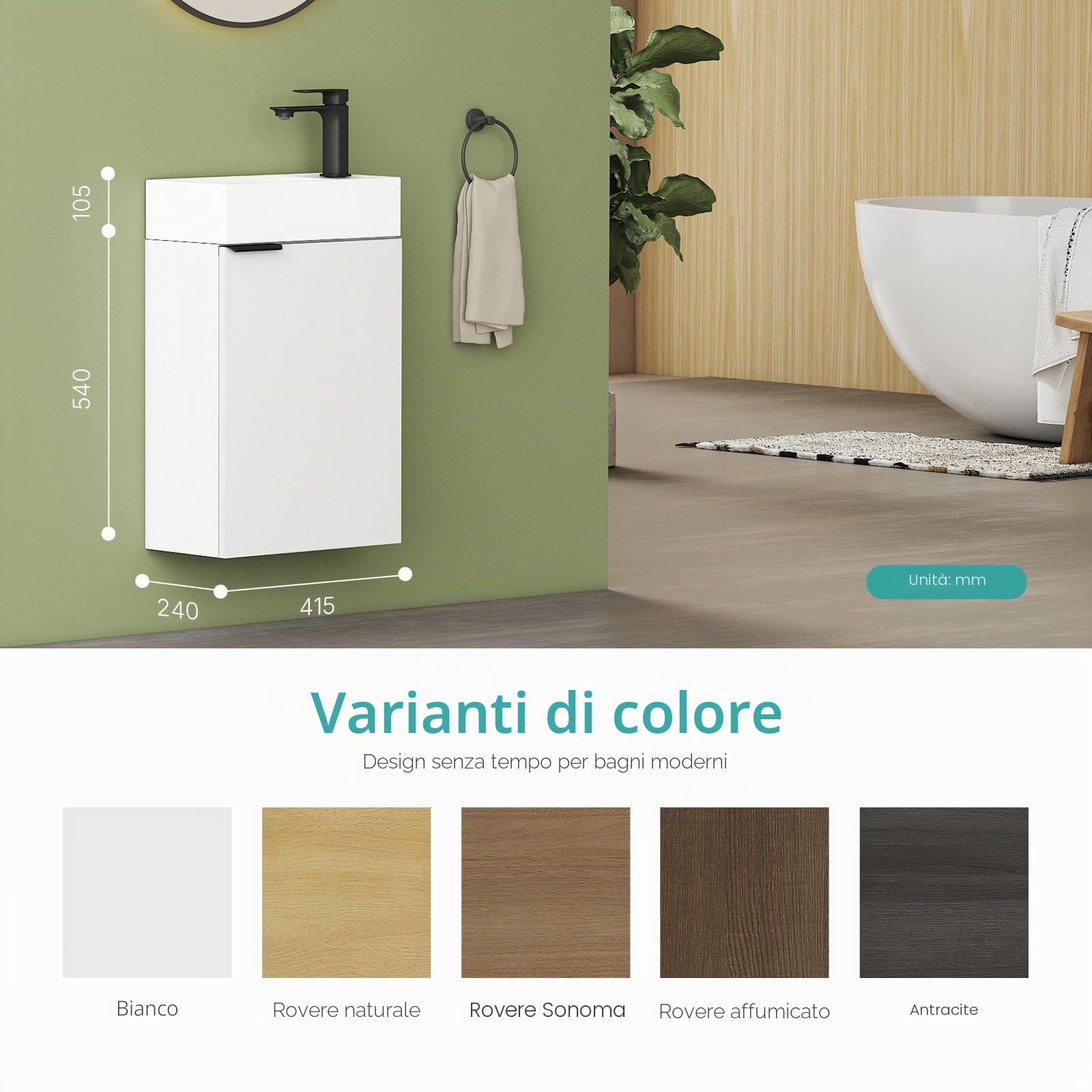 EMKE Lavandino con mobiletto da 41 cm, compatto lavabo con vasca in ceramica per WC ospiti e piccolo bagno, lavabo con mobiletto, bianco