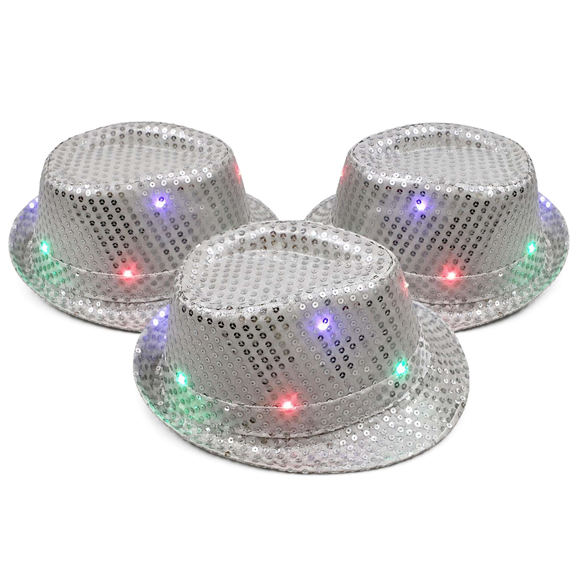 The Fancy Dress® Adult LED Light Up Sequin Trilby Hat, Women Men Multi-Function Fedora Flashing Jazz Hat Cowboy Hat Performance Props Party & Carnival Fancy Dress Up Hats Unisex, 3 Pack Silver