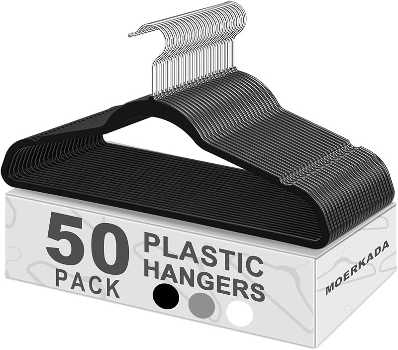 50 Pack Slim Plastic Clothes Hangers, Black | 17.7 in adult size, 0.2 in profile, non-velvet ABS, anti-slip grooves, Closets/dorms/laundry