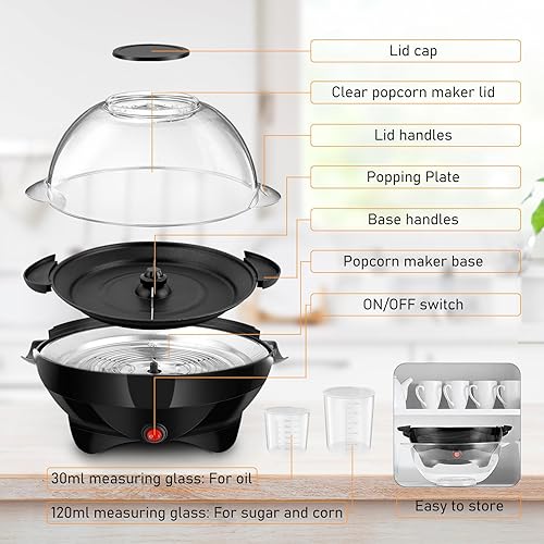 Miniatura 4 de TLGREEN Máquina de palomitas de maíz de 6 cuartos de galón, máquina de hacer palomitas de maíz Stir Loco, máquina eléctrica para hacer palomitas de