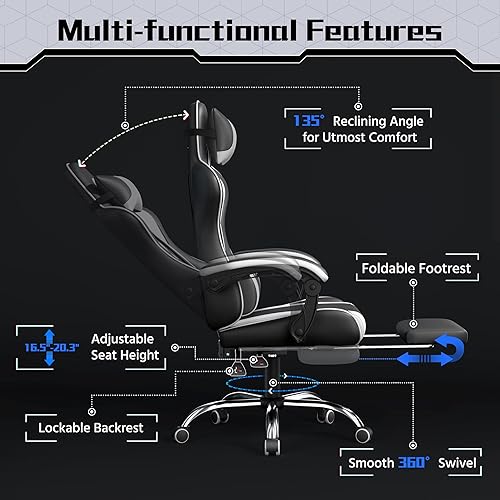 Miniatura 5 de Yaheetech Silla Gaming, Silla de Videojuegos con Soporte Lumbar de Masaje y Reposapiés Ajustable en Altura, Silla Ergonómica de Gaming
