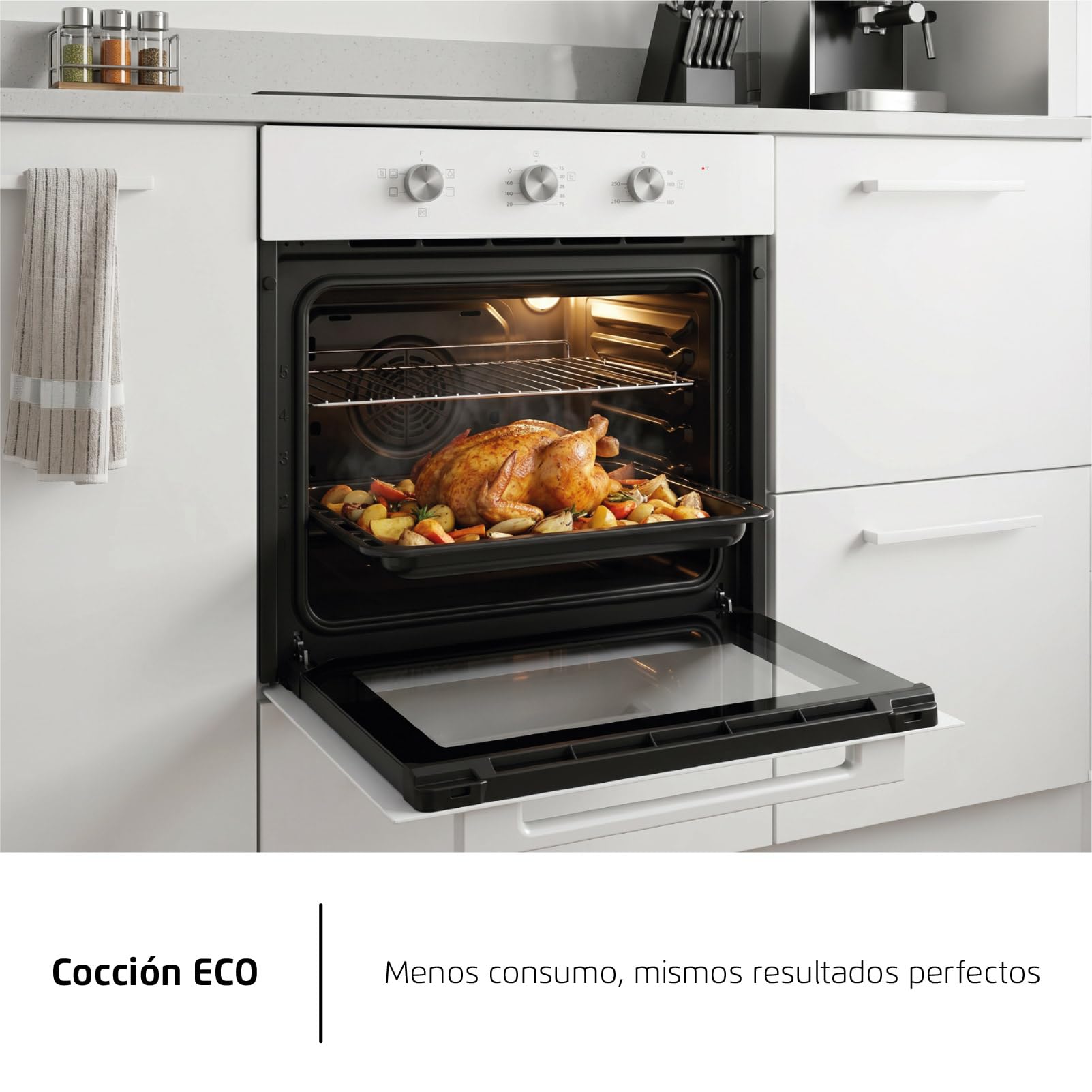 Corbero - Horno Electrico Convencional | CCHM626W | 70L | Hidrólisis y Cocción a Vapor | 2100W | 4 Programas| Doble Cristal | Luz Interior | Cristal Blanco