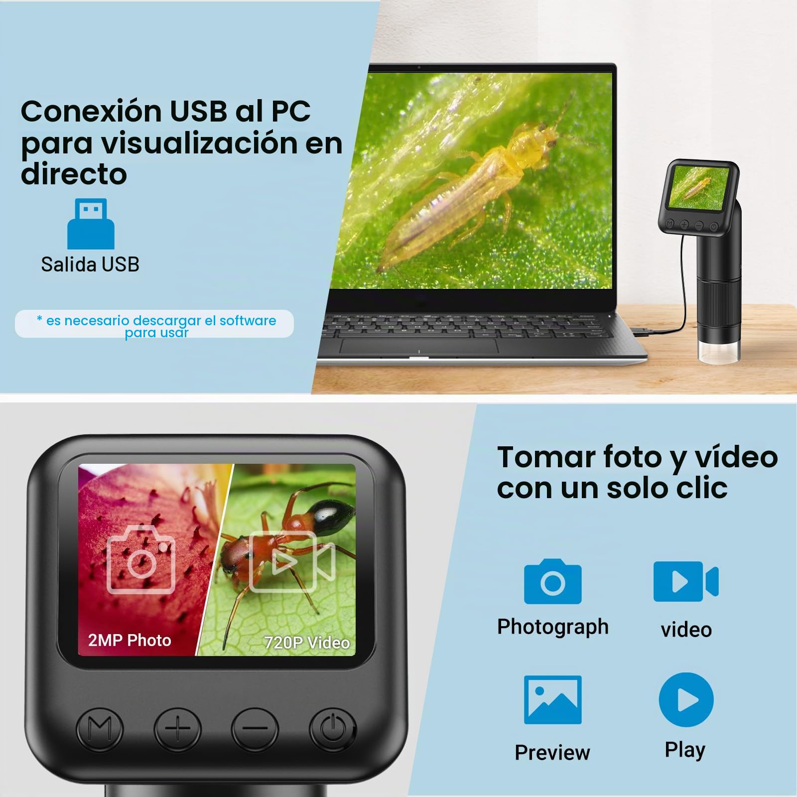 Microscopio digital de mano 800X con pantalla LCD de 2", microscopio portátil de bolsillo para niños con luces LED ajustables, microscopio con lupa para monedas, USB a PC, incluye tarjeta SD de 32 GB.