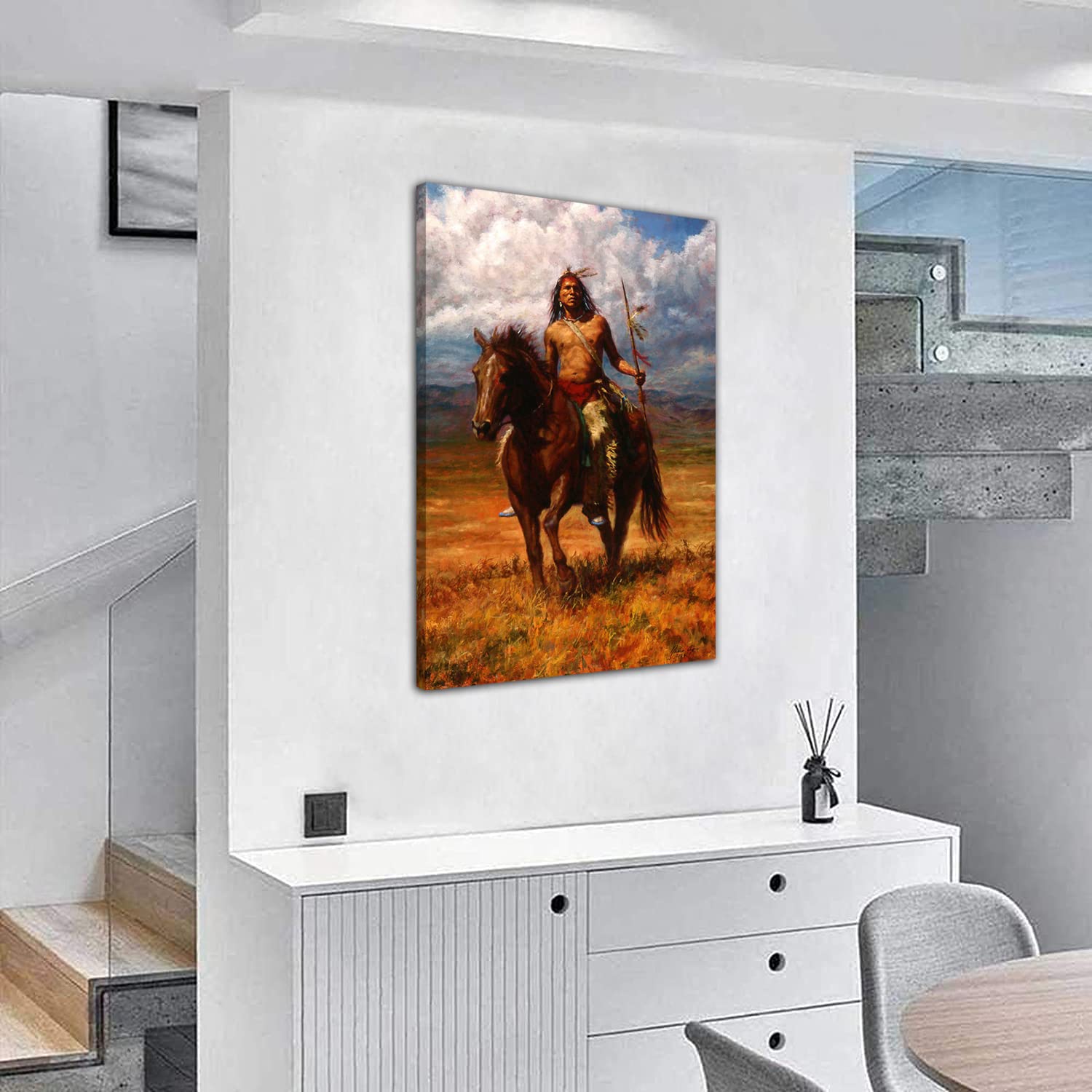 Amazon.co.jp: RAOMAAE ネイティブアメリカンインディアン戦士風景油絵