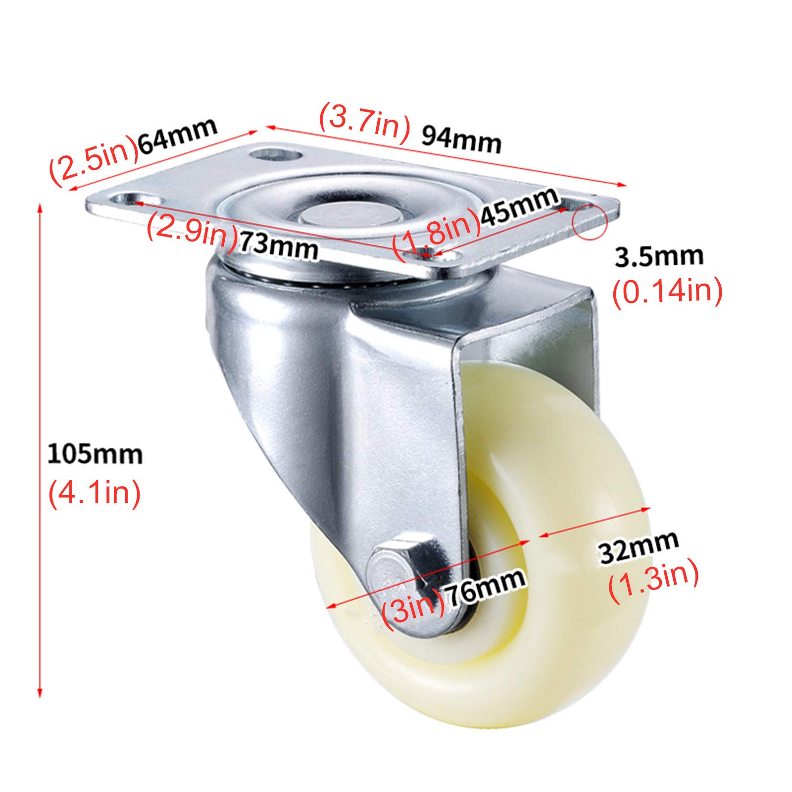 Ruote per carichi Pesanti Ruote girevoli Ruote industriali in Nylon Carrello Ruote per mobili Ruote Piatte Doppi Cuscinetti Parti di Ricambio 4 Pezzi (Freno 76 mm) (Universale 76 mm)