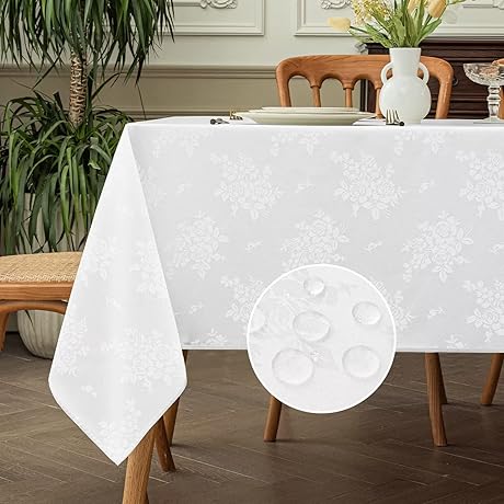 White Rosette Damask Rectangular Tablecloth: Romanstile's Premium Dining Essential