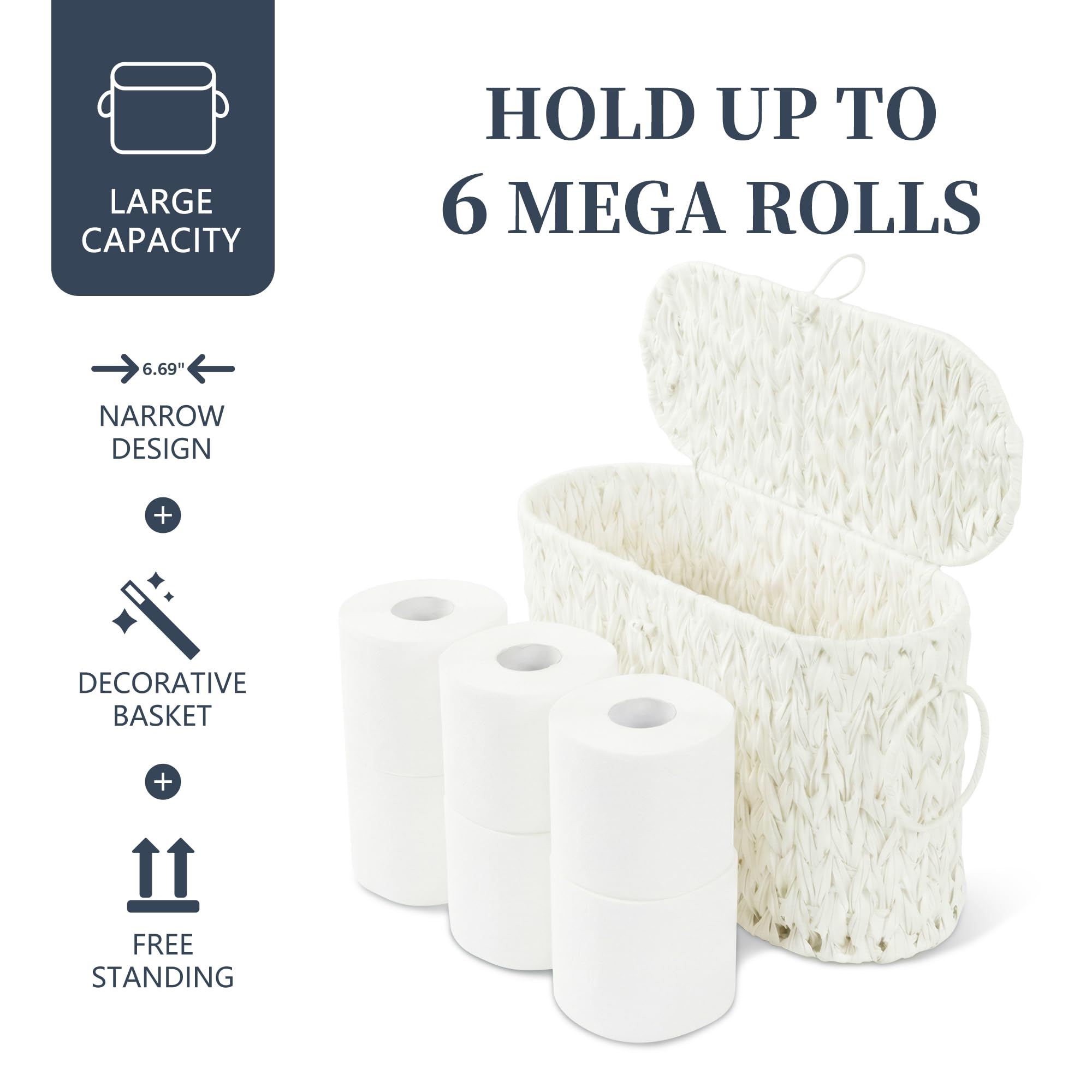 Coeusy Cesta de papel higiénico, almacenamiento de papel higiénico de mimbre con tapa, contenedor de almacenamiento de papel higiénico con asa, organizador de papel higiénico bohemio decorativo
