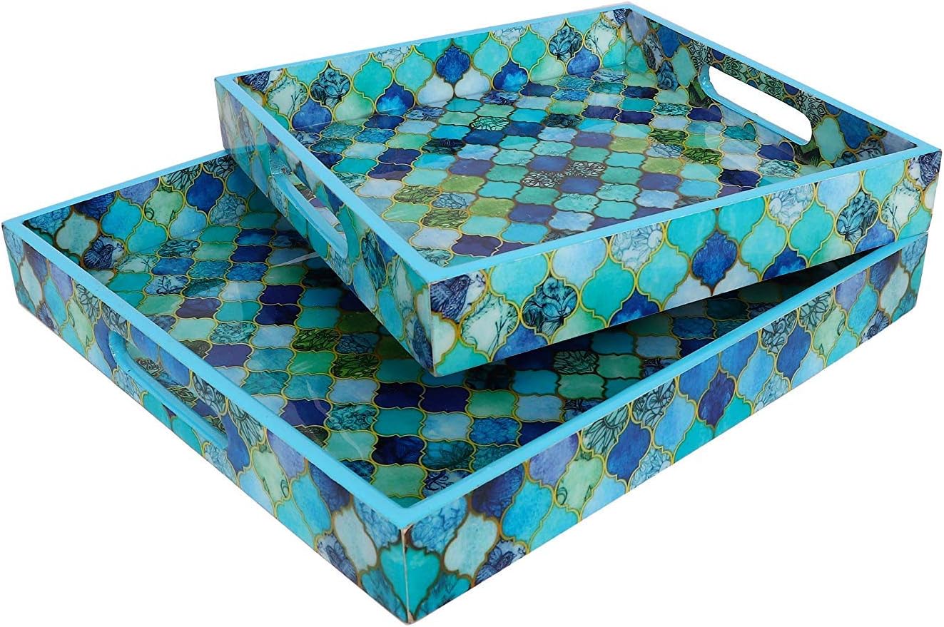 Designer MDF Wooden Serving Trays Set with Handle | Set of 2 Trays | with Special Enamel Coating (Blue Net)