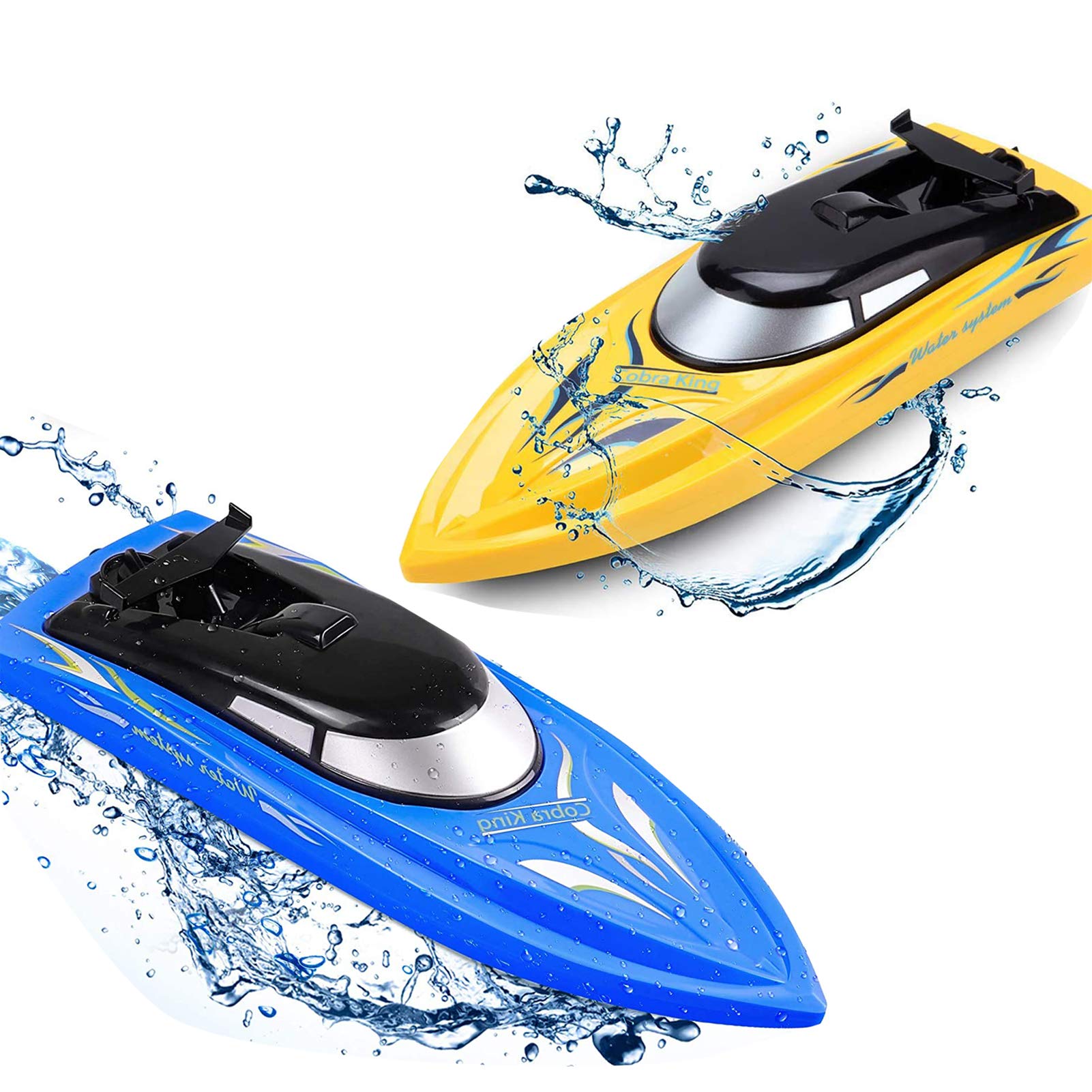 2 Pack Remote Control Boats for Pools and Lakes for Kids and Adults, 10km/H 2.4 GHz Mini RC Boat Toy with 4 Rechargeable Batteries (Blue+Yellow)