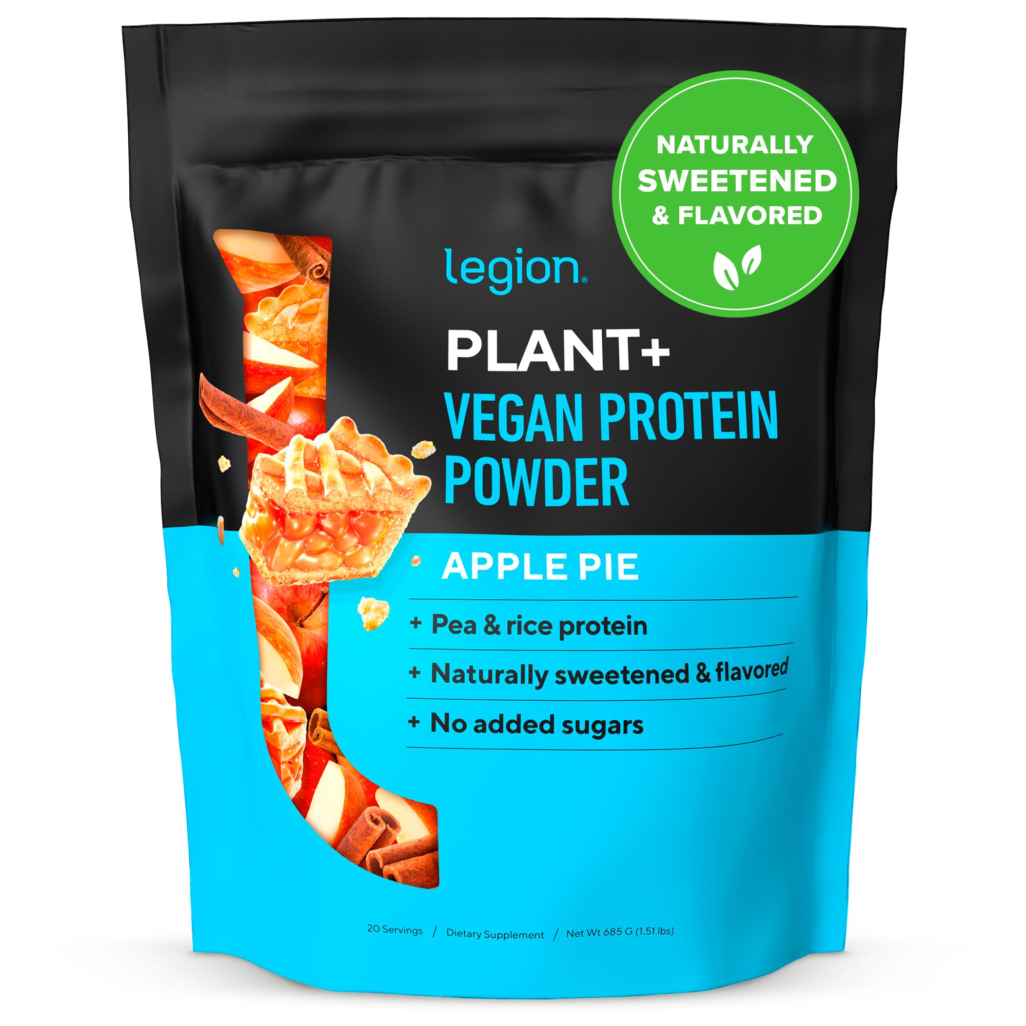 LEGION Plant+ Vegan Protein Powder - Rice and Pea, Plant Based Protein Blend. Gluten Free, GMO Free, Naturally Sweetened and Flavored, 20 Servings, 2 Lbs (Apple Pie)