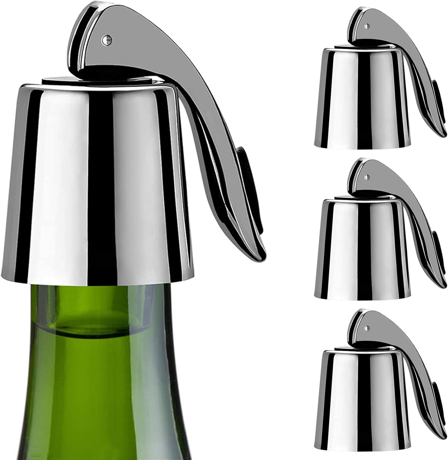 Pafusen Wine Stoppers Set of 4, Stainless Steel Wine Bottle Stopper with Silicone Seal, Reusable Wine Freshness Keep, Wine Saver Wine Bottle Sealer Stopper, Wine Accessories Gift (4 Pack, Silver)