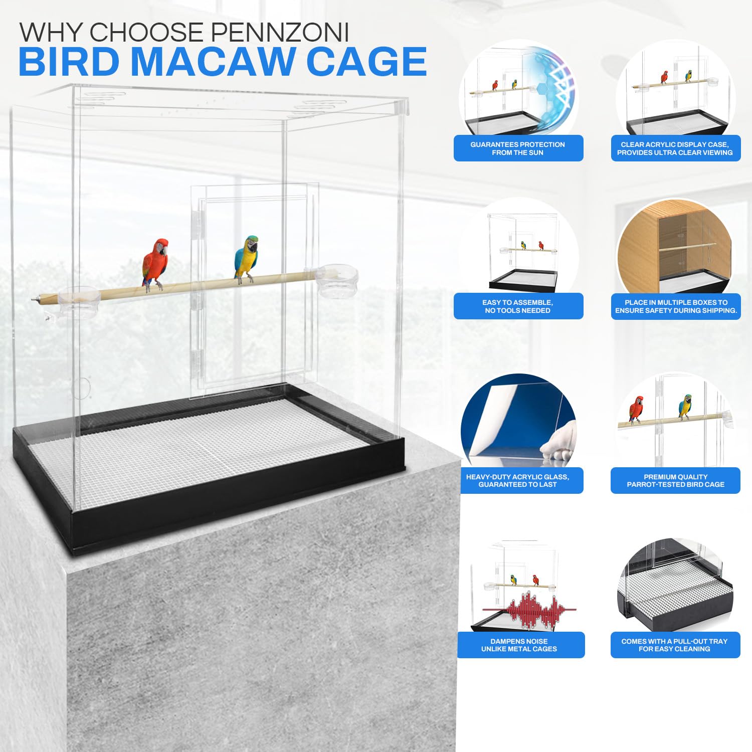 PENNZONI Large Bird Cage for Macaws - Large Parrot Cage Crystal Clear Acrylic Bird Cage No Base product thumbnail 7