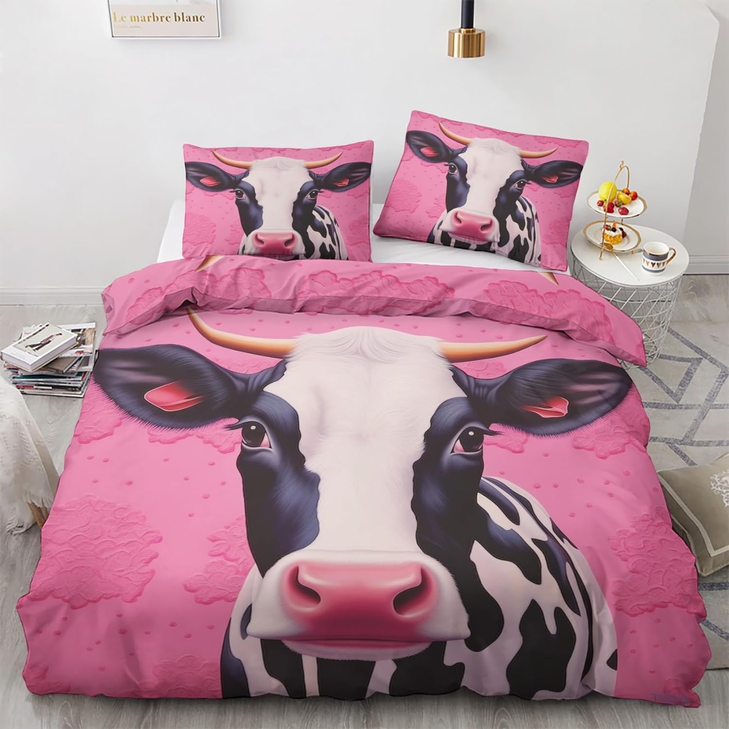 Housse de Couette 200x200 Vache Laitière Rose Rouge en Microfibre avec 2 Taies