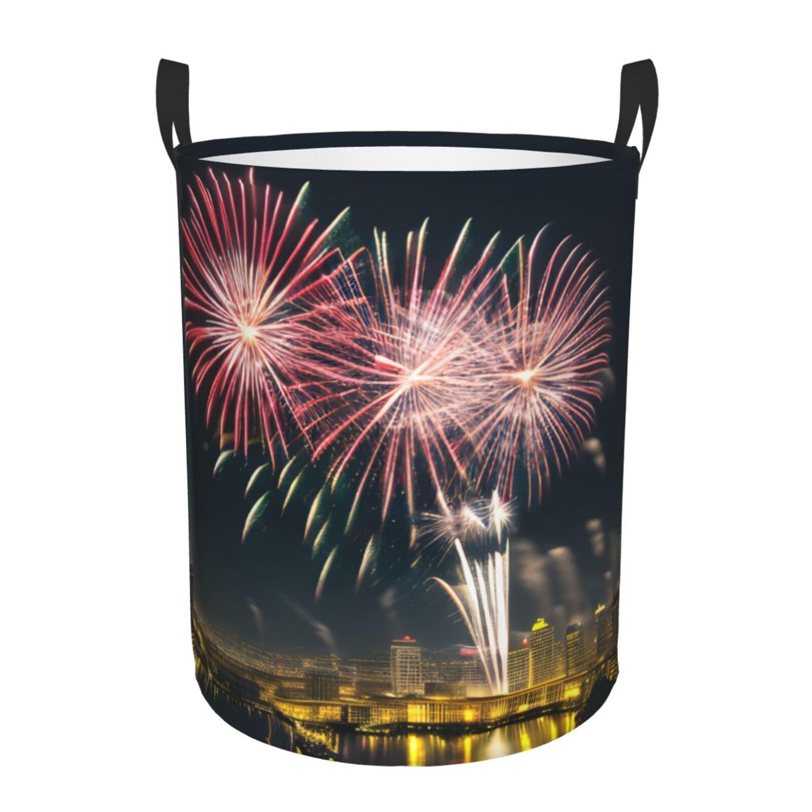 M Collapsible Laundry Hamper Round fireworks pattern Print Storage