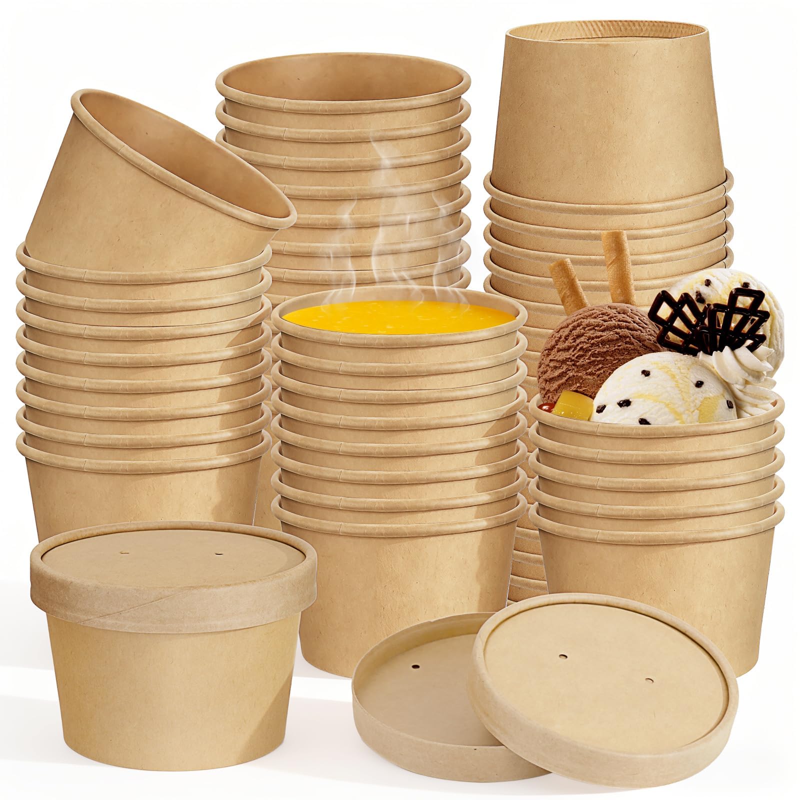 XJGQZ 100 Pack 8 oz Paper Soup Bowls Containers with Vented Lids, Kraft