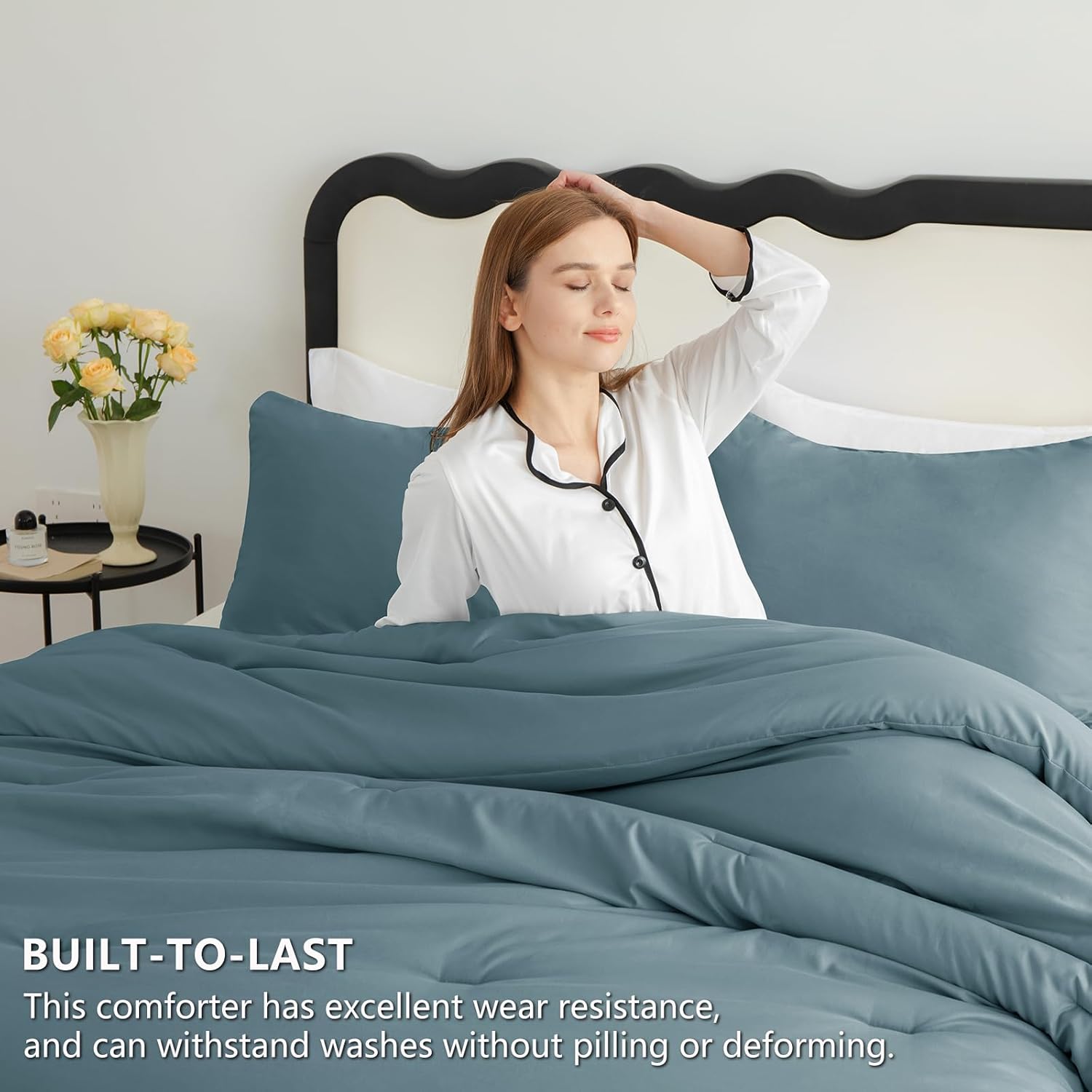 CozyLux Queen Comforter Set Mineral Blue, 3 Pieces Solid Comforters Queen Size Breathable Bedding Sets, Luxury Soft Lightweight Bed Set with Down Alternative Comforter and 2 Pillowcases All Seasons