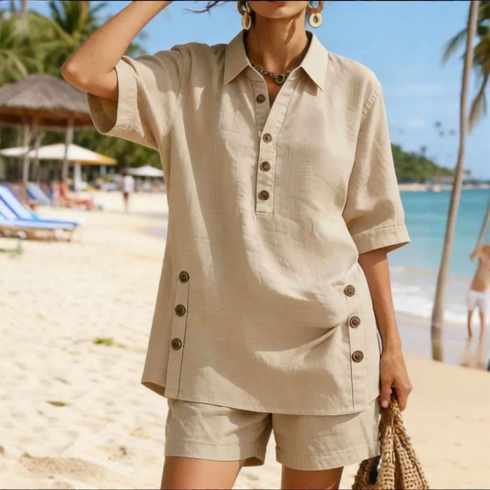 Ensemble Short Femme ete Chic - Vetement Femme éTé Ensemble Deux PièCes DéContracté D'éTé Chemise à Manches Courtes et Short Ample Confortable à Porter