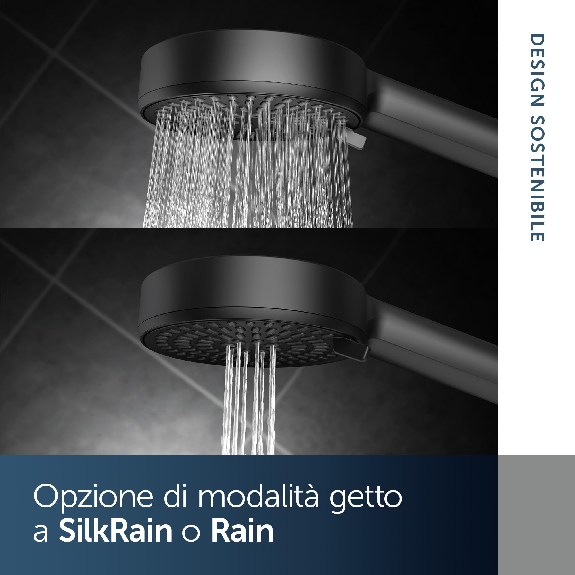 Ideal Standard Idealrain Alu+ Doccetta multifunzione, con due tipi di getto tramite selettore rotante, soffione doccia a risparmio idrico con ugelli EasyClean – Nero Opaco (100x56x232 mm)