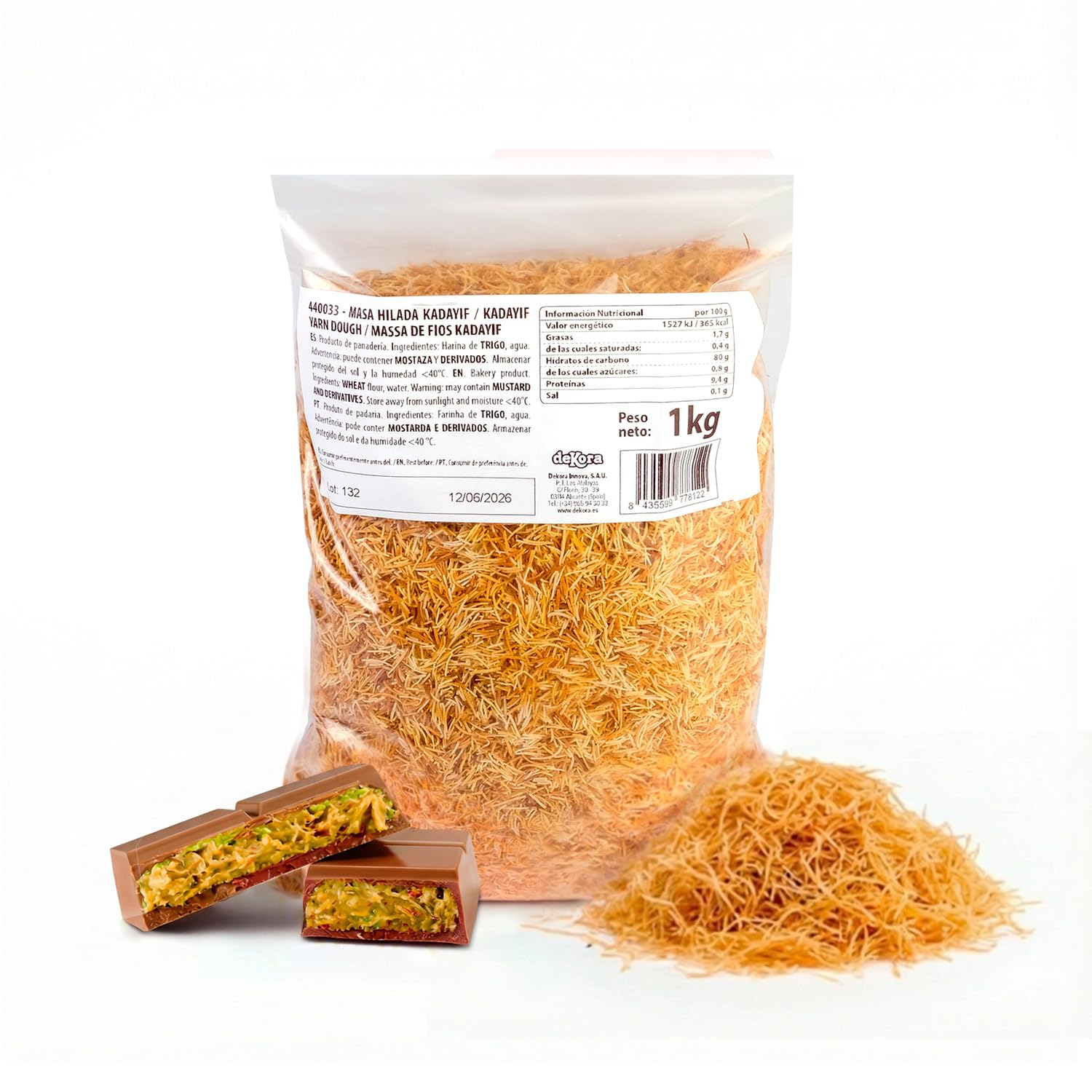 dekora – Kadayif Engelshaar Teigfäden für Dubai-Schokolade, 1kg, feine Kataifi Masse für knusprige orientalische Desserts ohne Zucker, Laktosefrei, Halal