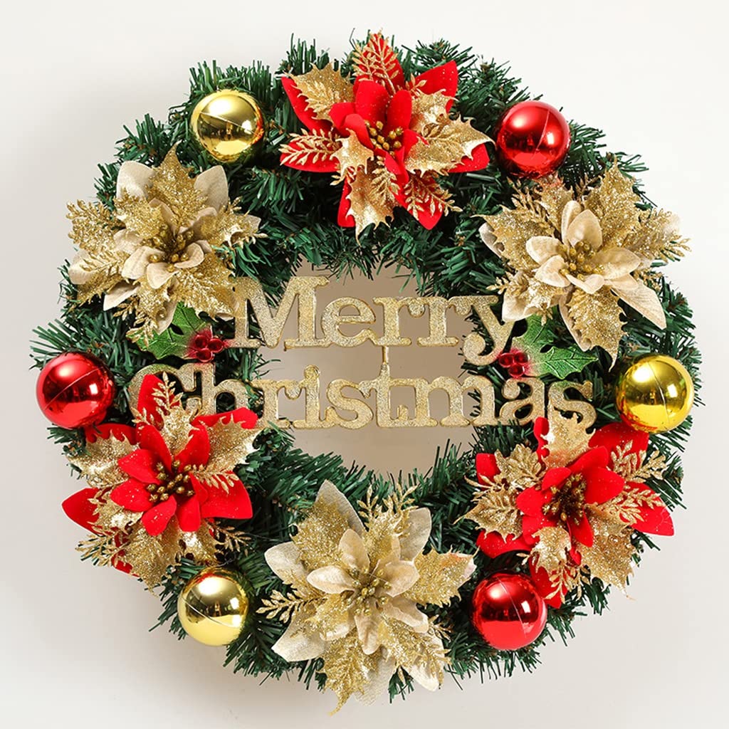 Corona Navidad Dorada Artificial 18 Pulgadas - Con Bolas, Hojas Y Bayas, Decoración Puerta, Ventana O Fiesta