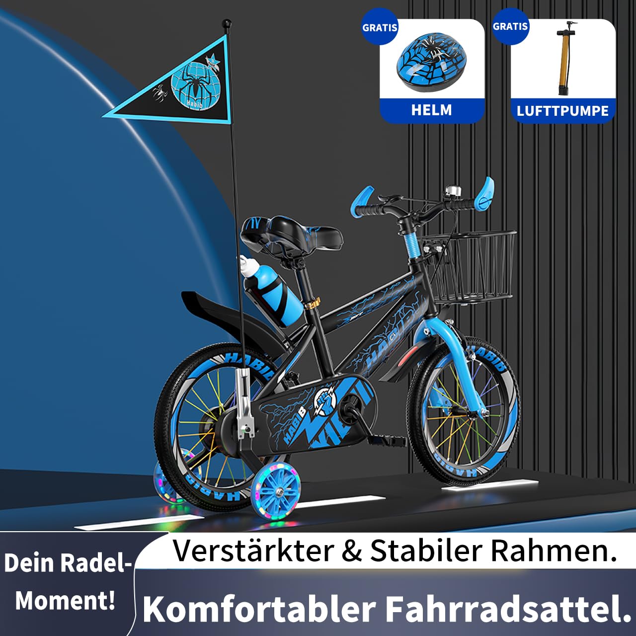 Habib Kinderfahrrad Jungenfahrrad 12 14 16 Zoll ab 3 Jahre – mit LED Stützrädern, Korb, Klingel & GRATIS Helm & Pumpe, Vorderradbremse